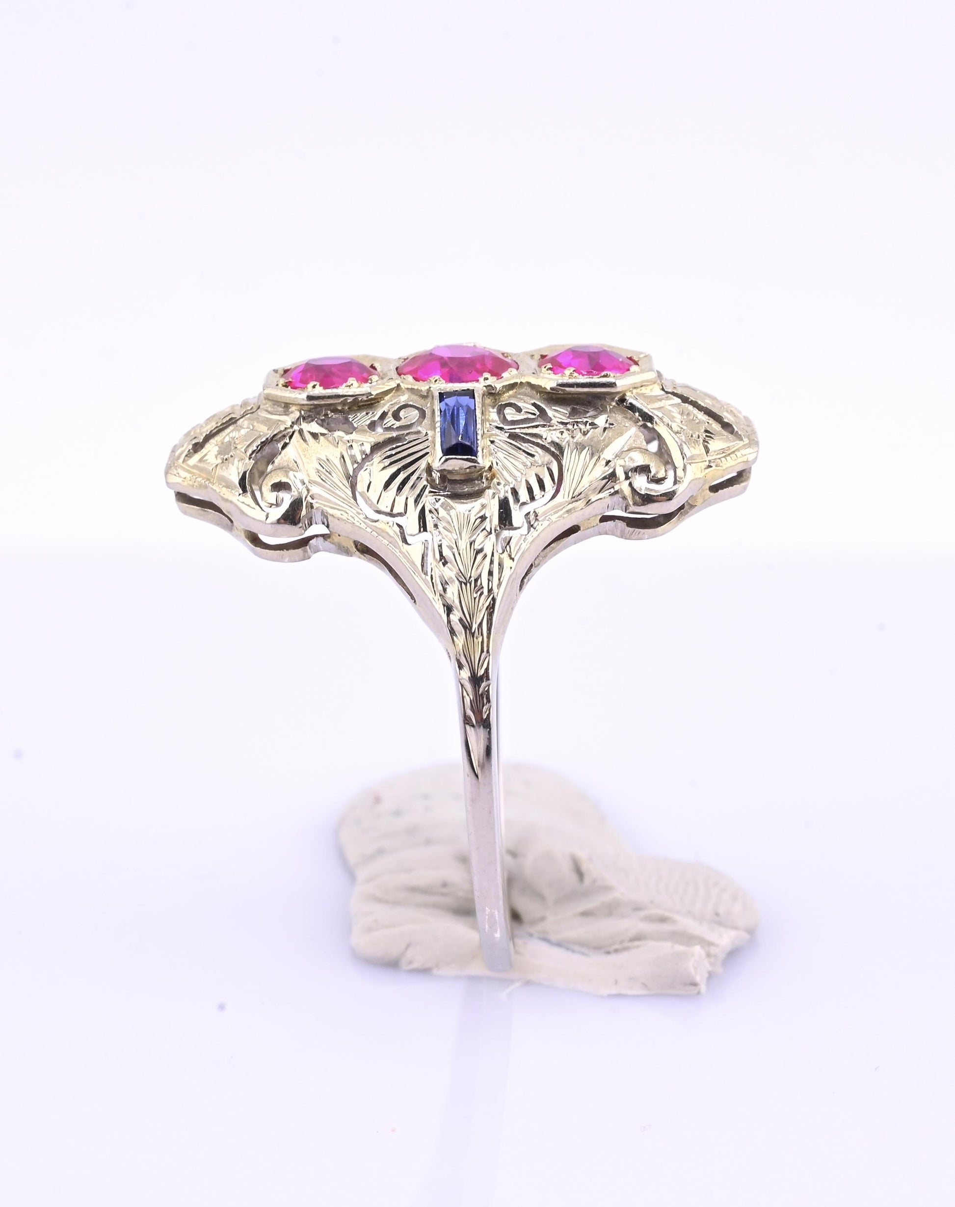 18K White Gold Ruby & Sapphire Ring Art Deco Period IGI Certified Ring Size 9.25