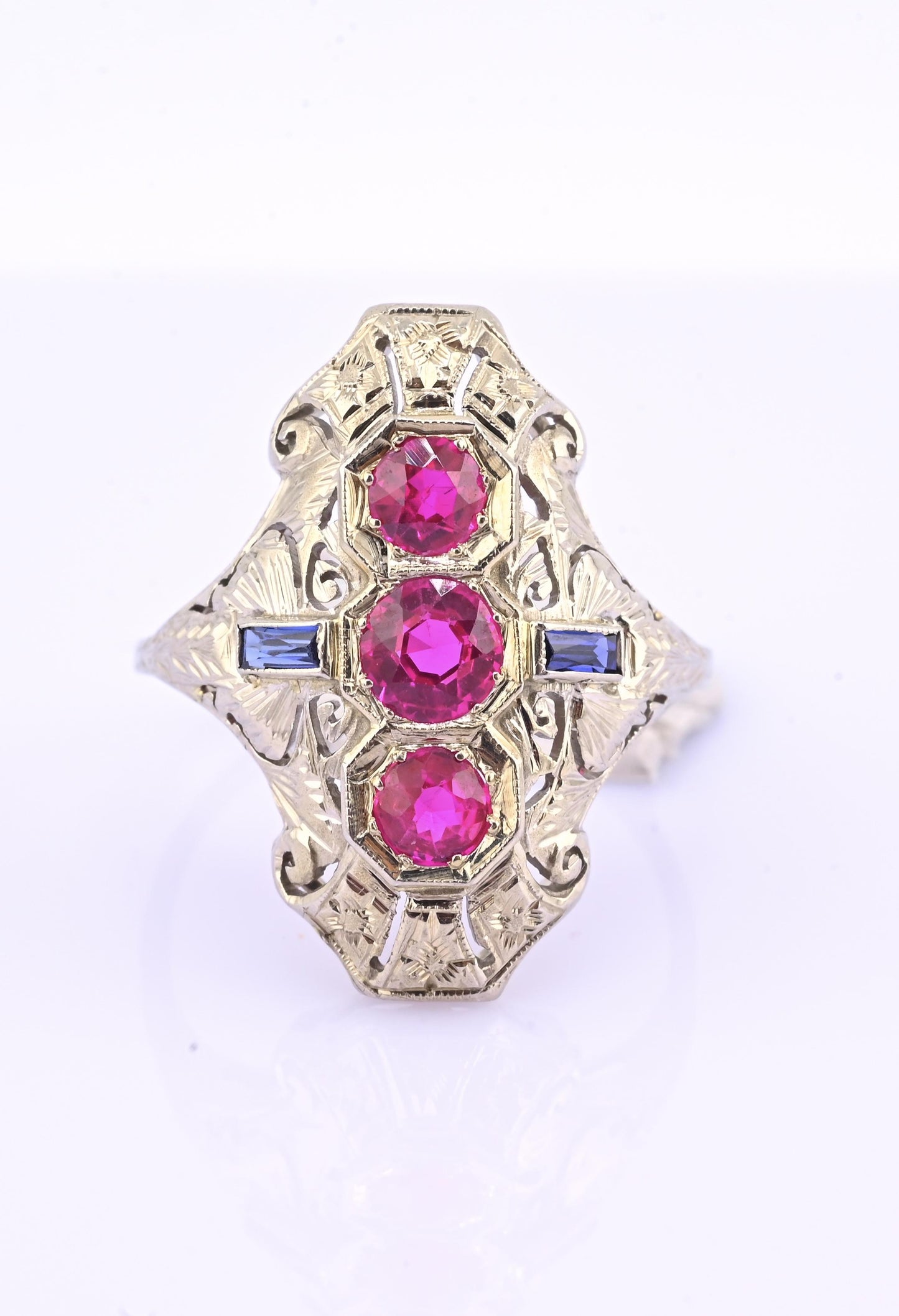 18K White Gold Ruby & Sapphire Ring Art Deco Period IGI Certified Ring Size 9.25