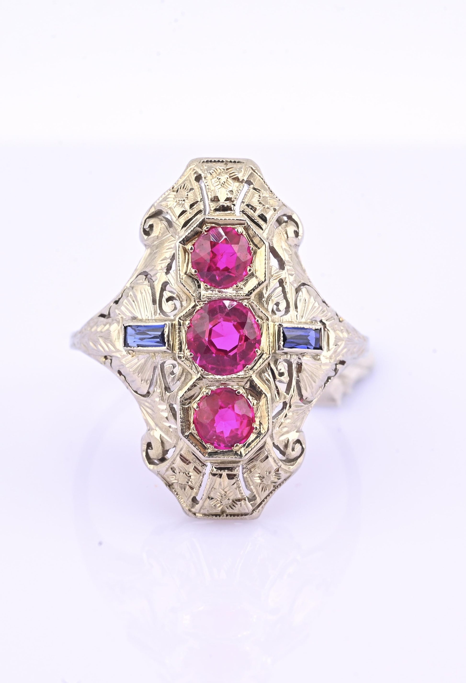 18K White Gold Ruby & Sapphire Ring Art Deco Period IGI Certified Ring Size 9.25
