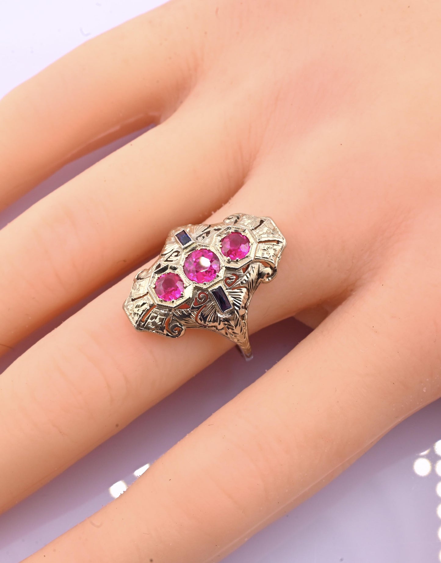 18K White Gold Ruby & Sapphire Ring Art Deco Period IGI Certified Ring Size 9.25
