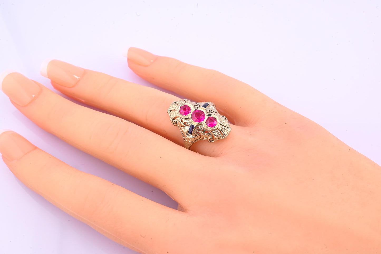 18K White Gold Ruby & Sapphire Ring Art Deco Period IGI Certified Ring Size 9.25