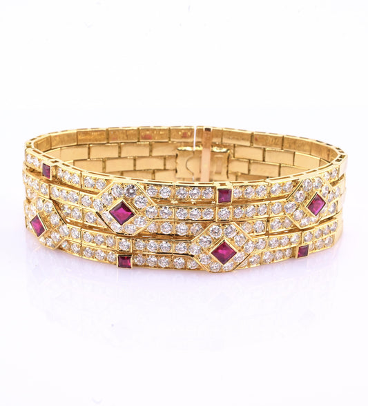 Important Heavy French 18K Gold Diamond & Ruby Bracelet 10 Carats