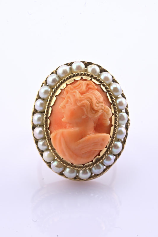 Vintage 14K Yellow Gold Coral Cameo Ring with Seed Pearl Halo – 7.63g, Size 6