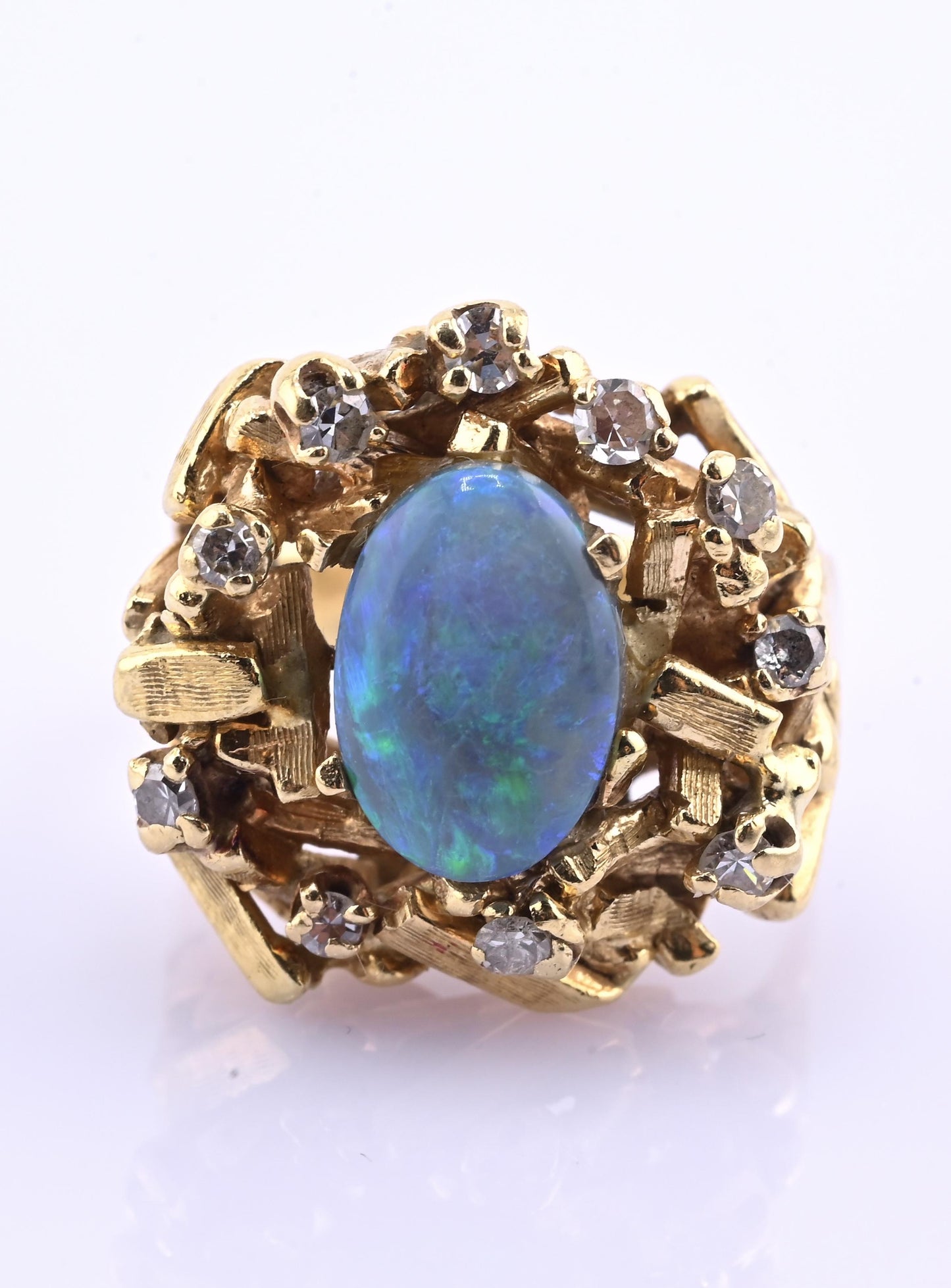 14K Yellow Gold Brutalist Opal & Diamond Ring 9.96g Size 6.5 10×7mm Opal