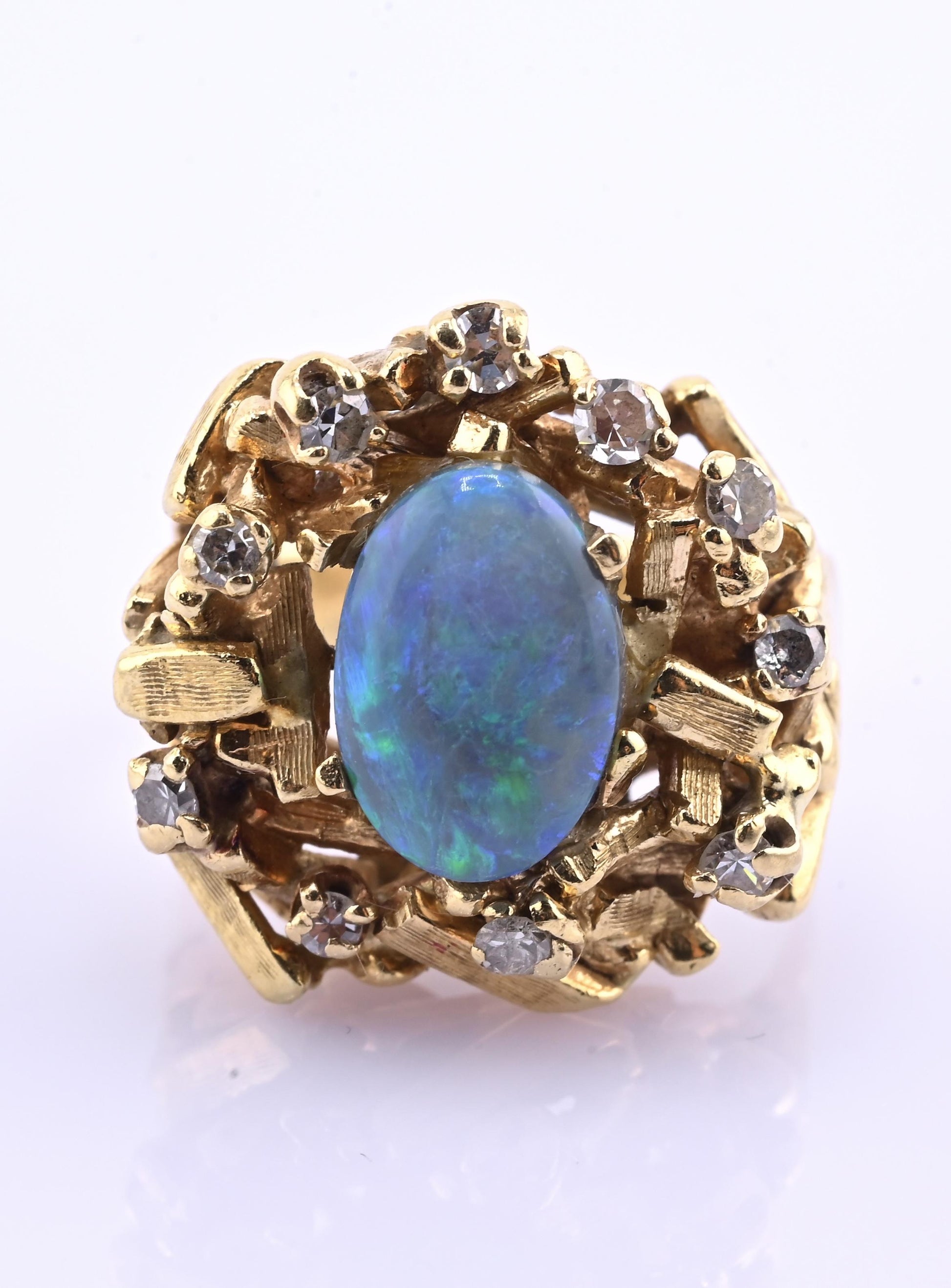 14K Yellow Gold Brutalist Opal & Diamond Ring 9.96g Size 6.5 10×7mm Opal