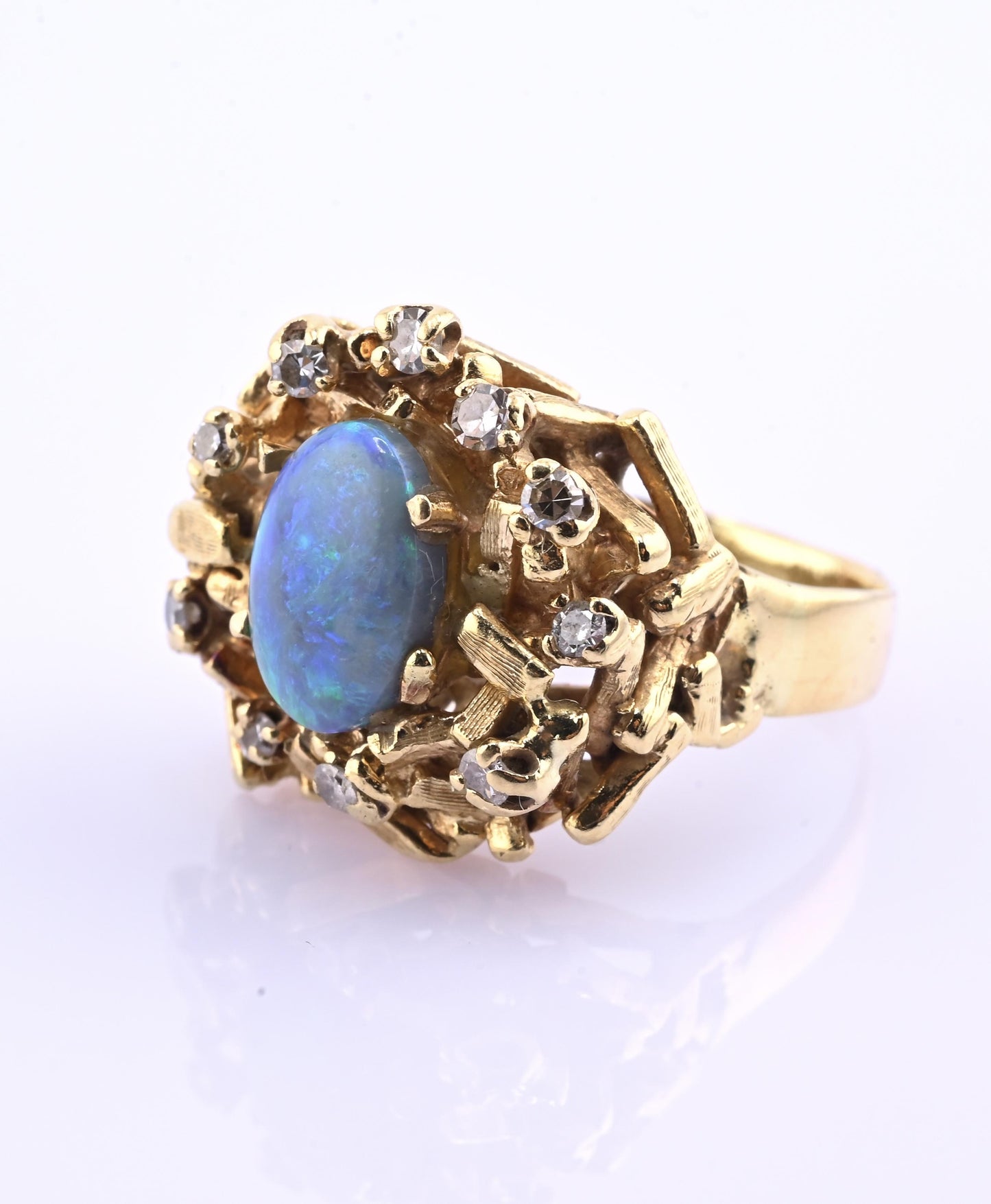 14K Yellow Gold Brutalist Opal & Diamond Ring 9.96g Size 6.5 10×7mm Opal