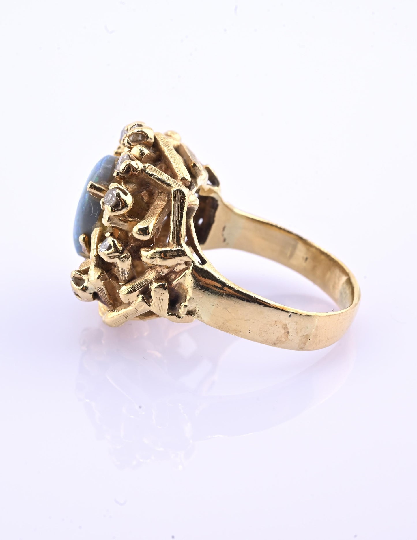 14K Yellow Gold Brutalist Opal & Diamond Ring 9.96g Size 6.5 10×7mm Opal