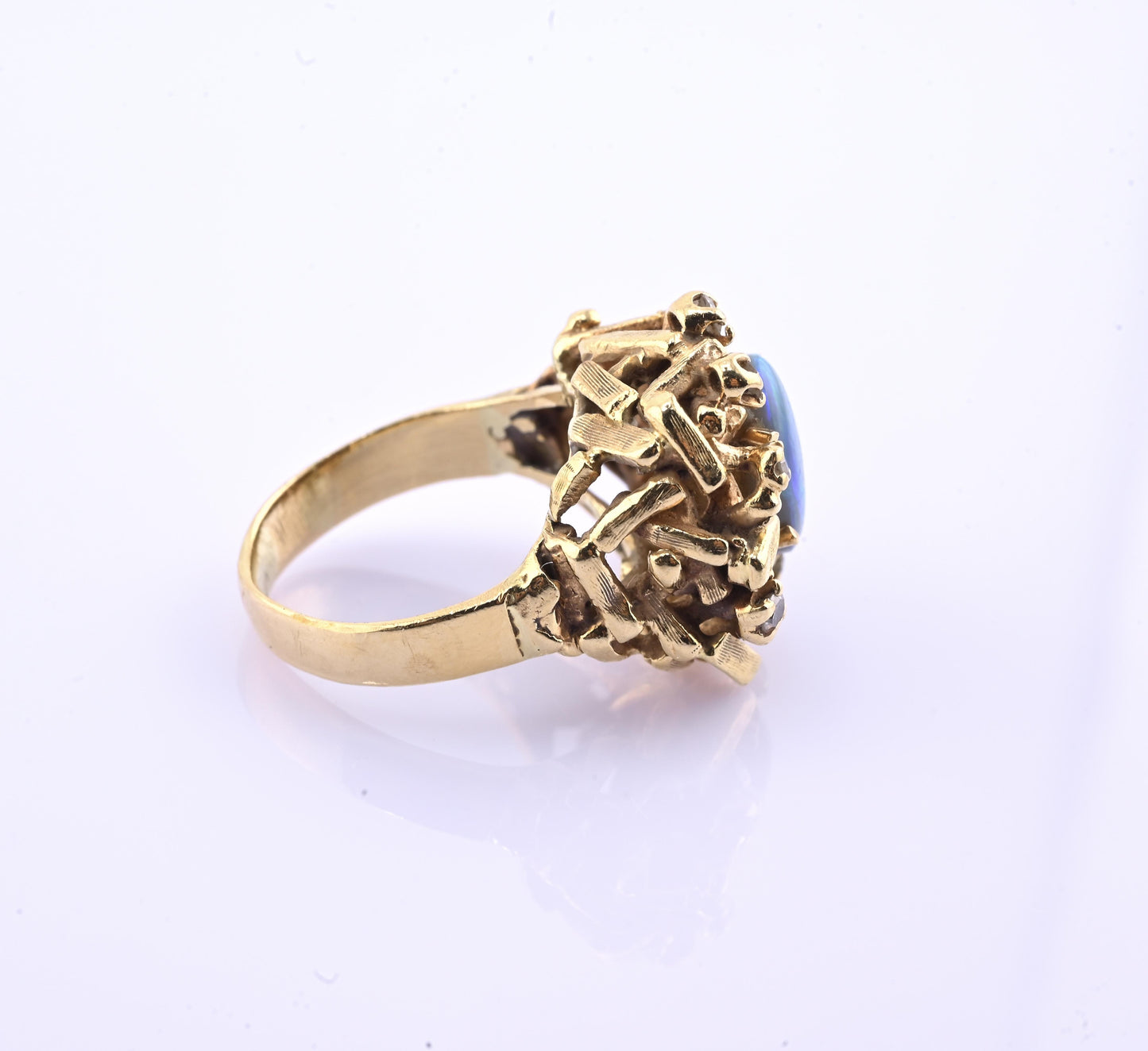 14K Yellow Gold Brutalist Opal & Diamond Ring 9.96g Size 6.5 10×7mm Opal