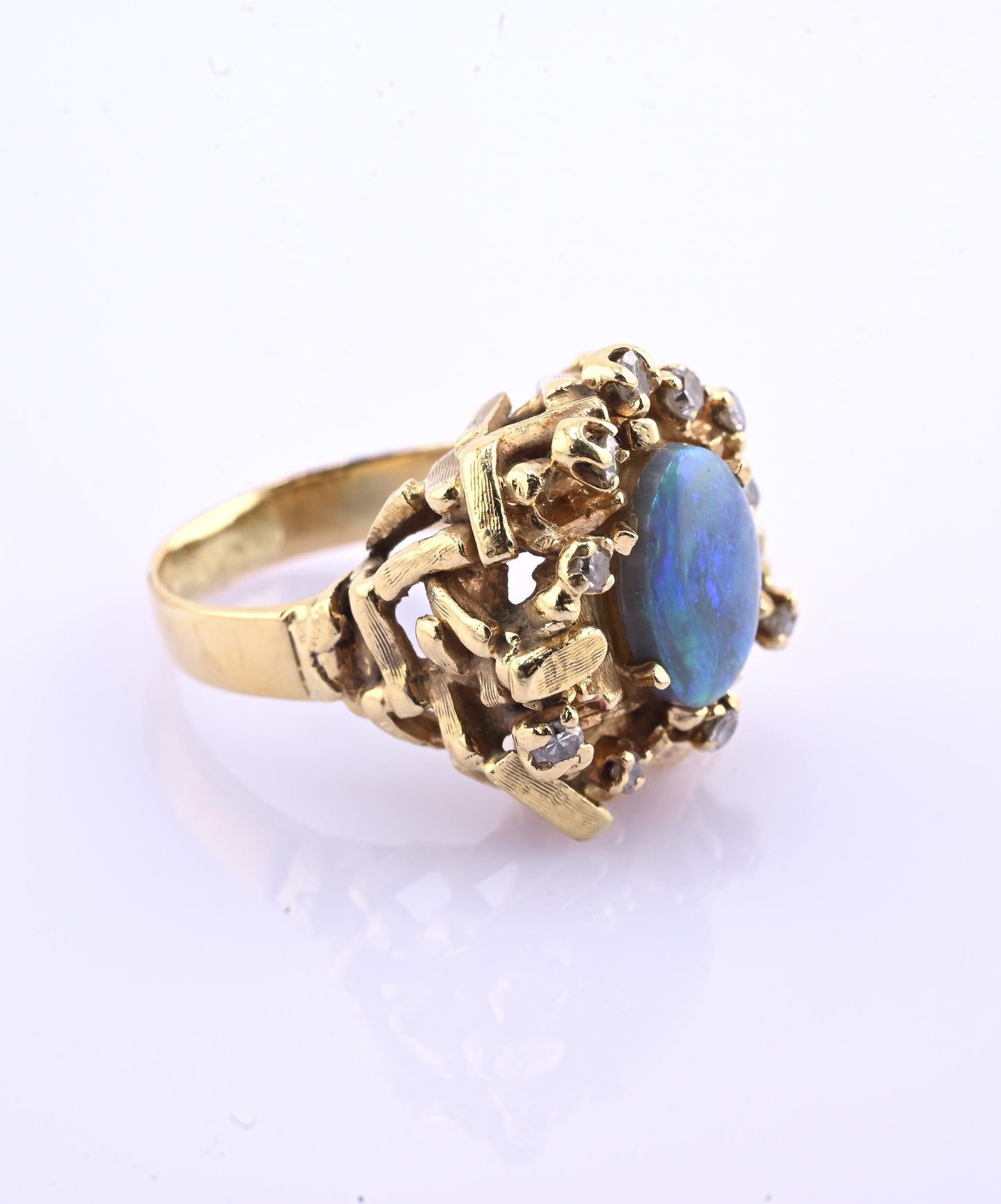 14K Yellow Gold Brutalist Opal & Diamond Ring 9.96g Size 6.5 10×7mm Opal