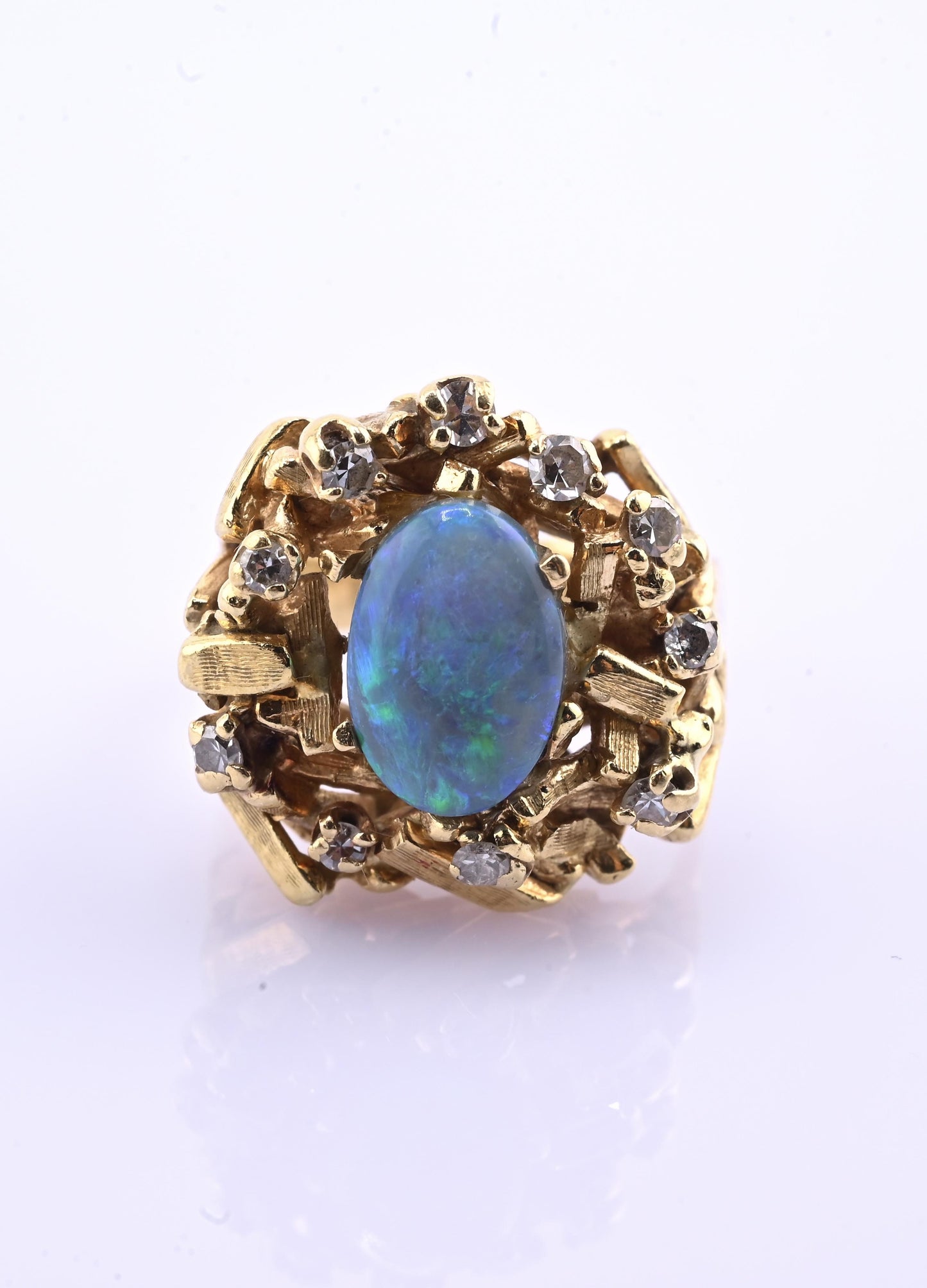 14K Yellow Gold Brutalist Opal & Diamond Ring 9.96g Size 6.5 10×7mm Opal