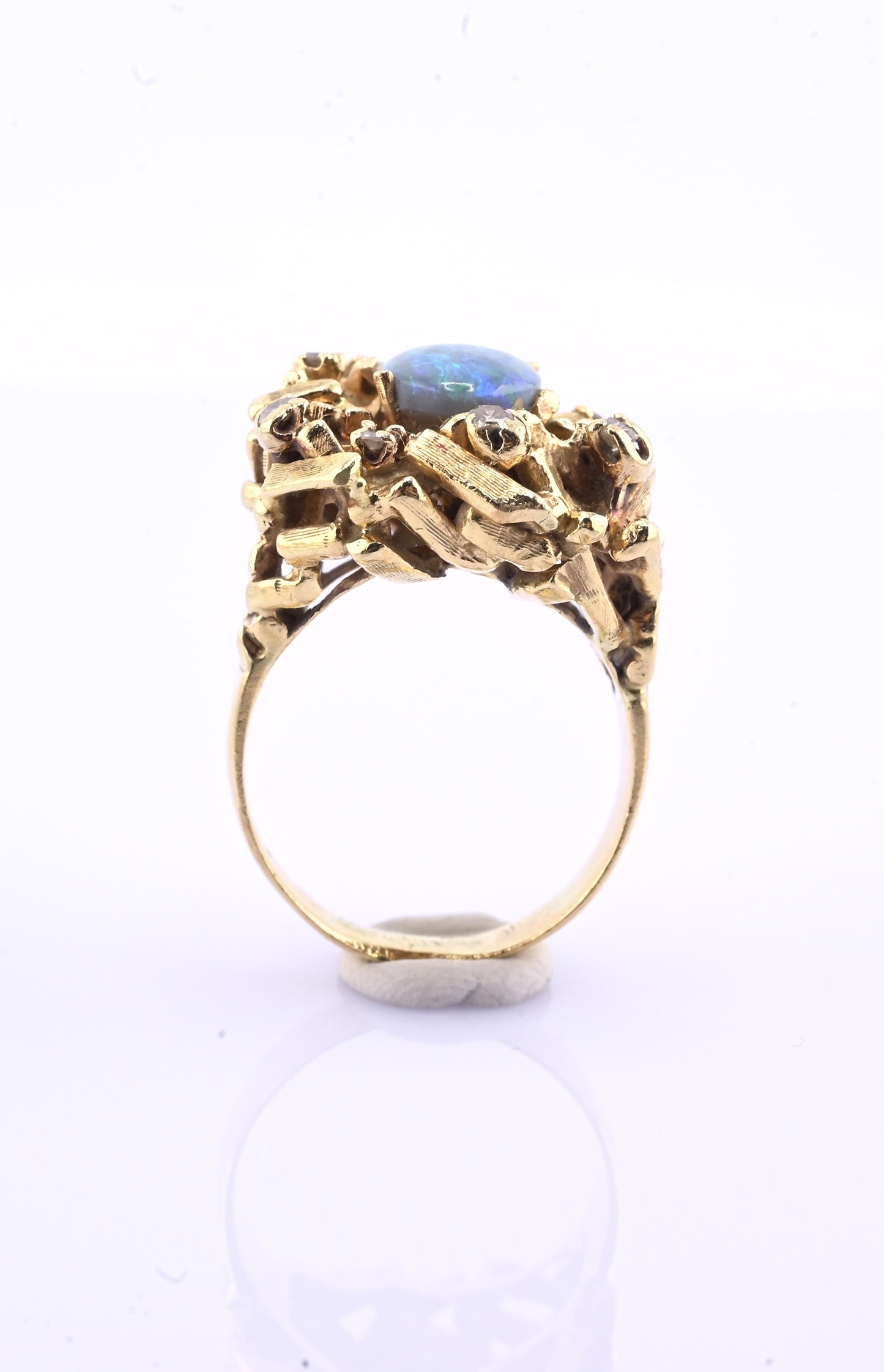 14K Yellow Gold Brutalist Opal & Diamond Ring 9.96g Size 6.5 10×7mm Opal