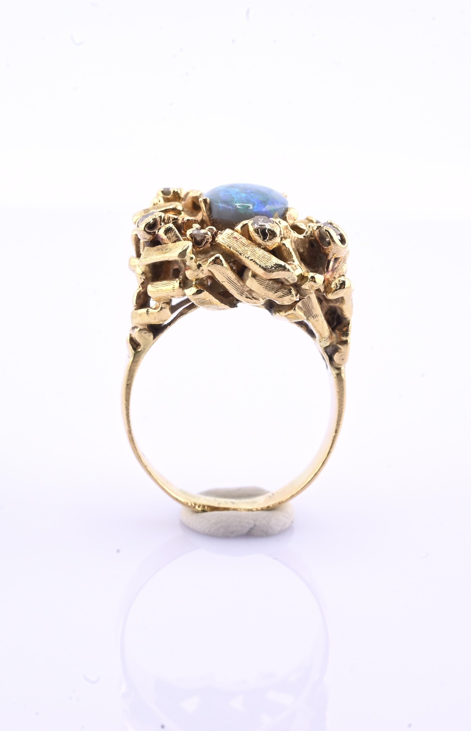 14K Yellow Gold Brutalist Opal & Diamond Ring 9.96g Size 6.5 10×7mm Opal