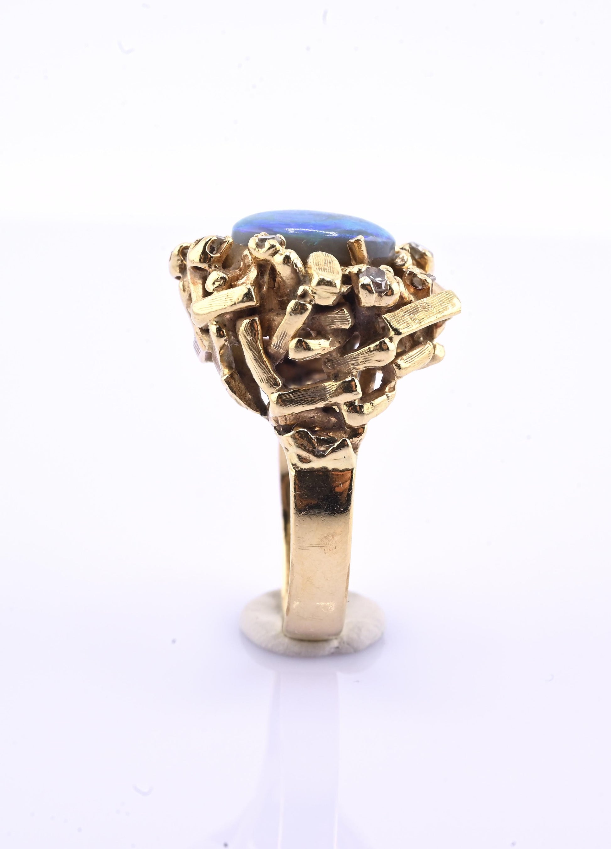 14K Yellow Gold Brutalist Opal & Diamond Ring 9.96g Size 6.5 10×7mm Opal
