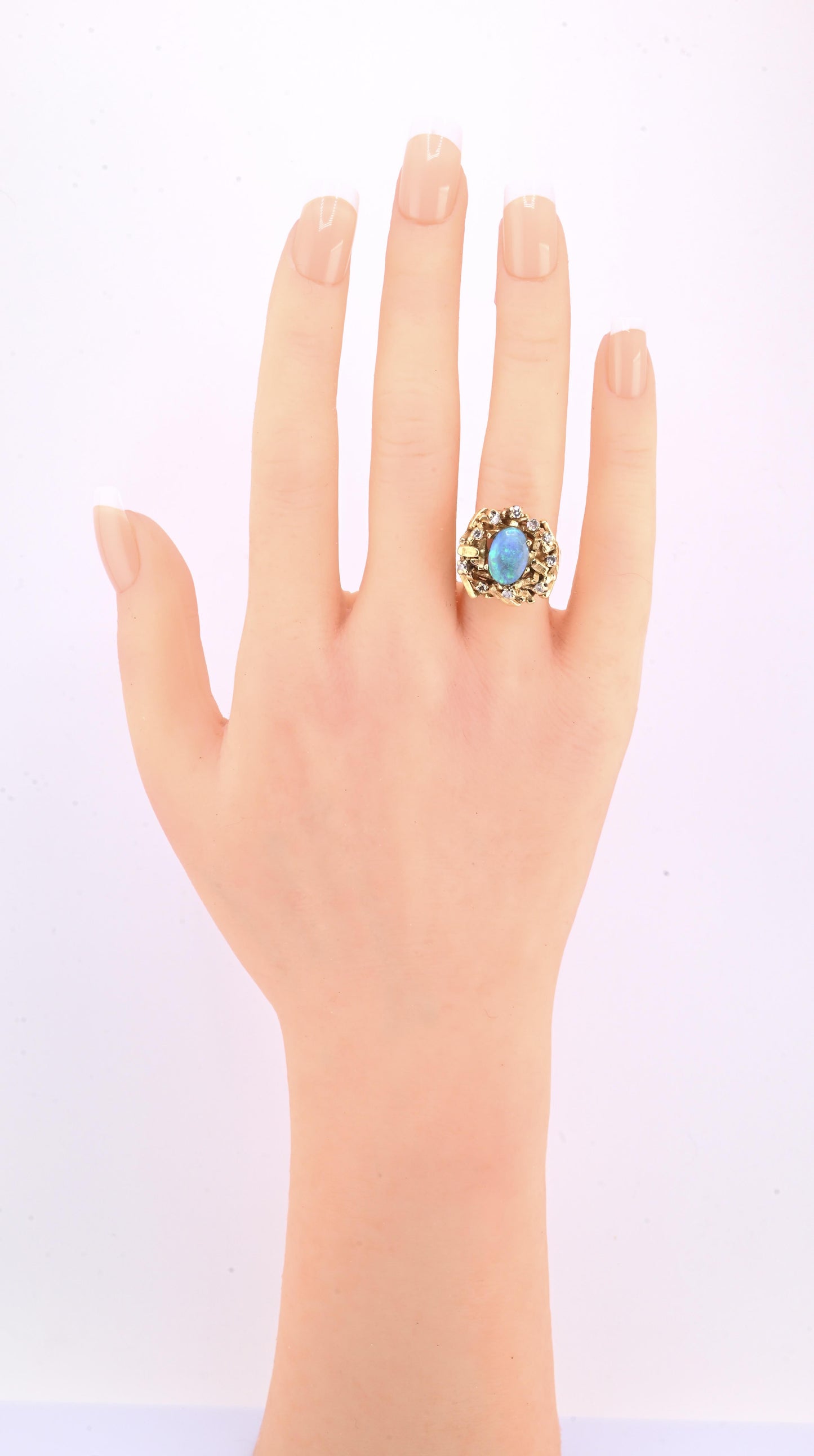 14K Yellow Gold Brutalist Opal & Diamond Ring 9.96g Size 6.5 10×7mm Opal