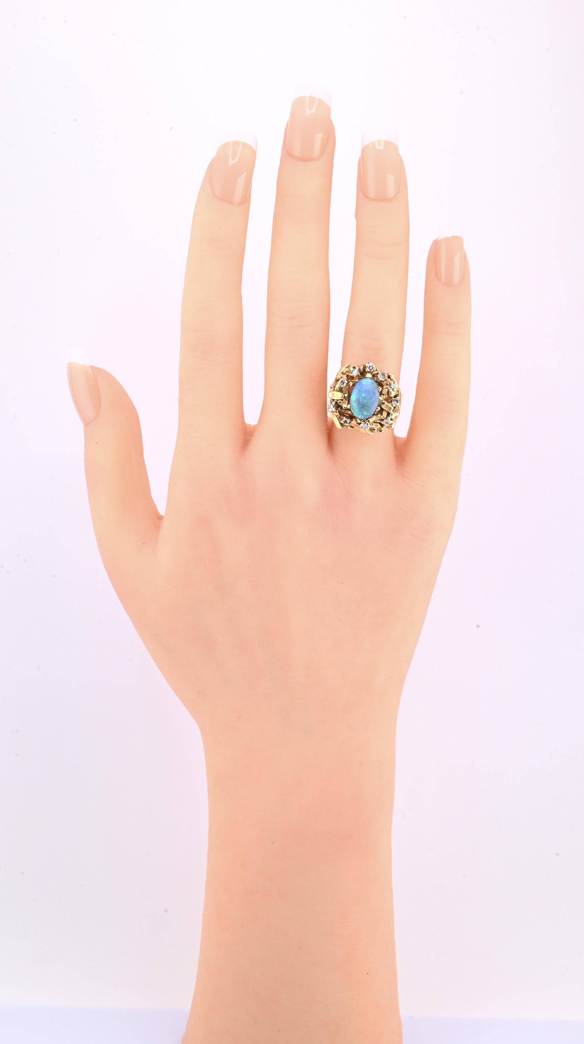 14K Yellow Gold Brutalist Opal & Diamond Ring 9.96g Size 6.5 10×7mm Opal