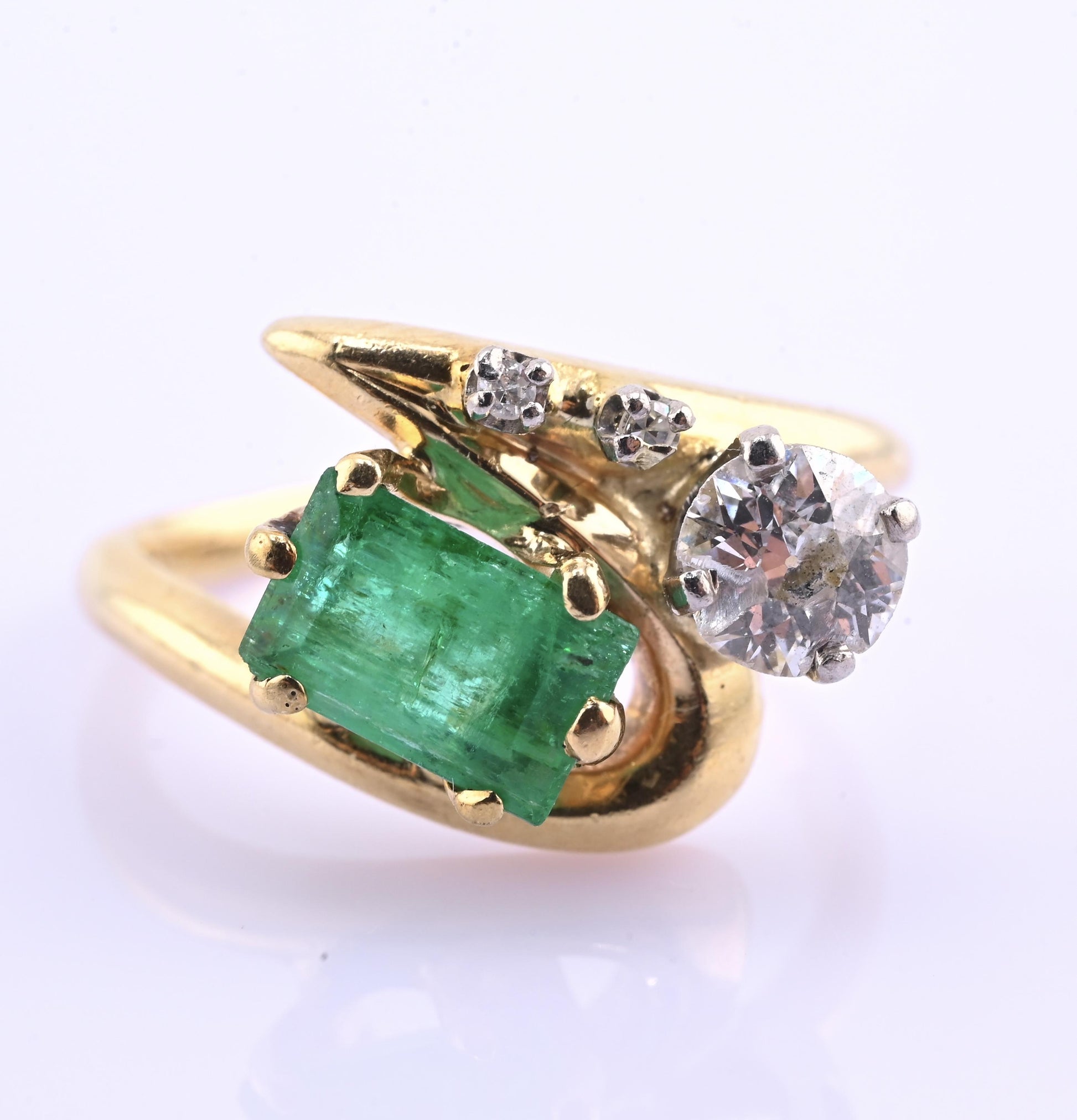 Art Deco 14K Yellow Gold Emerald & Old Euro Diamond Ring Size 6 IGI Certified