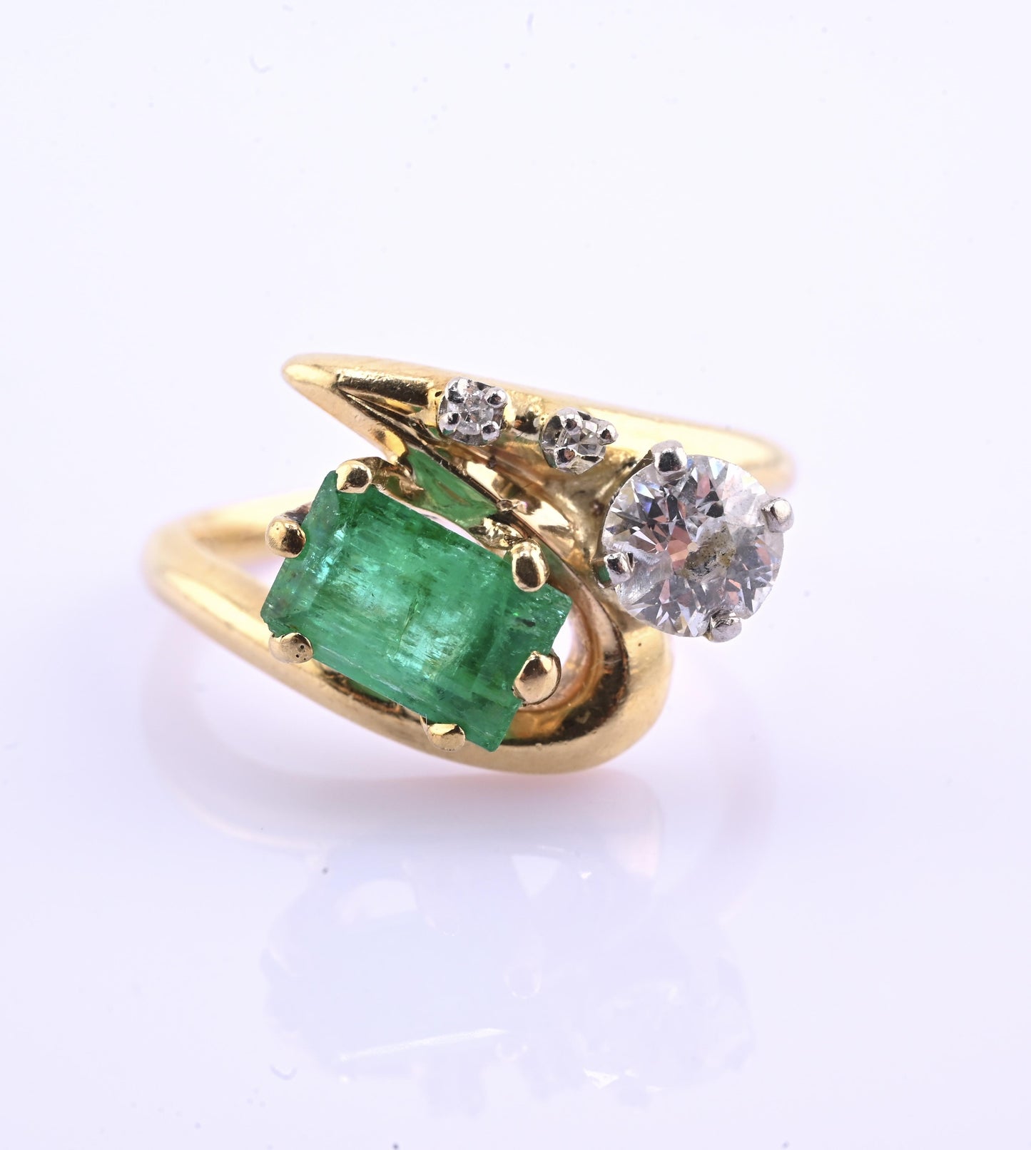Art Deco 14K Yellow Gold Emerald & Old Euro Diamond Ring Size 6 IGI Certified
