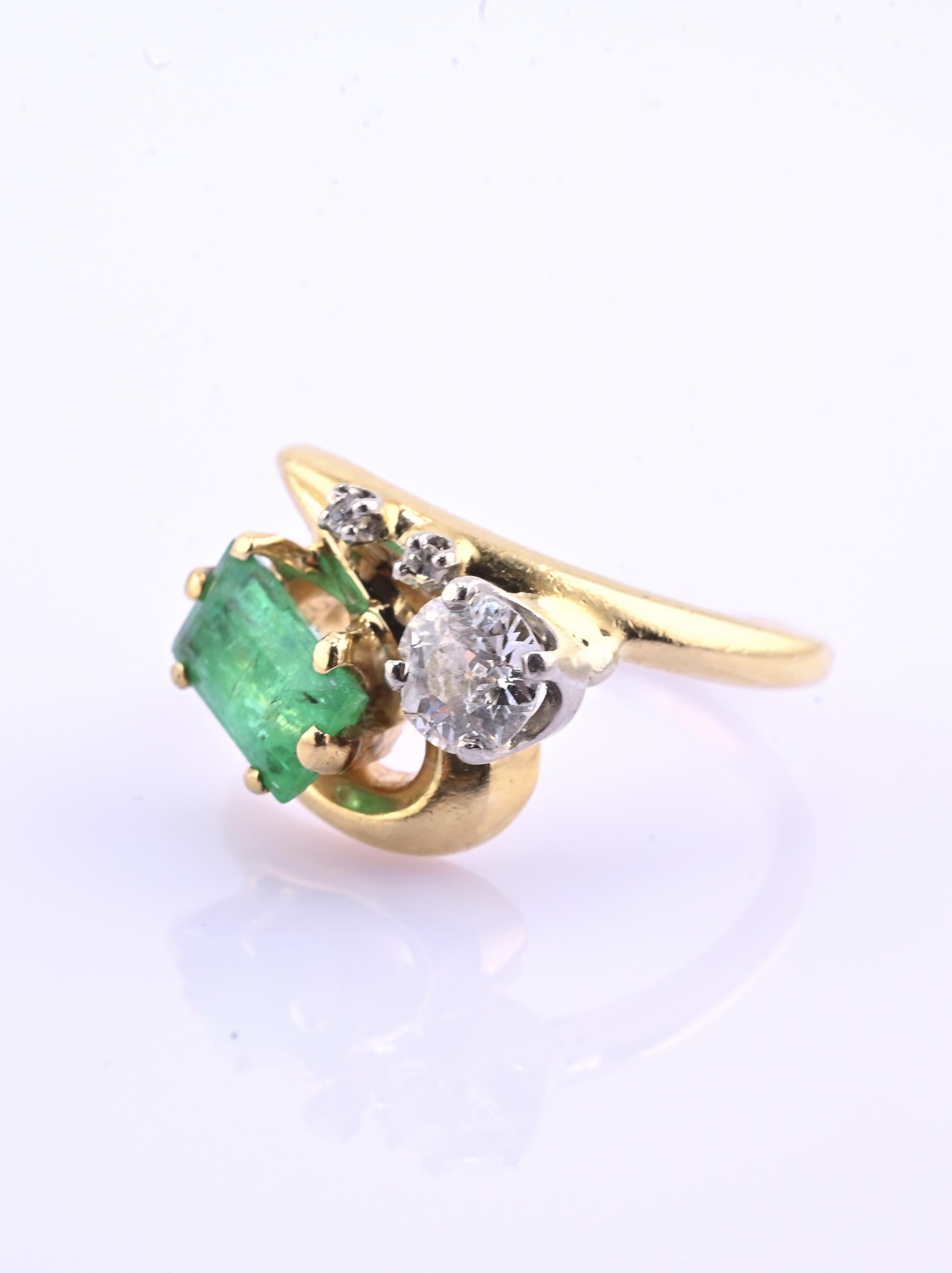 Art Deco 14K Yellow Gold Emerald & Old Euro Diamond Ring Size 6 IGI Certified