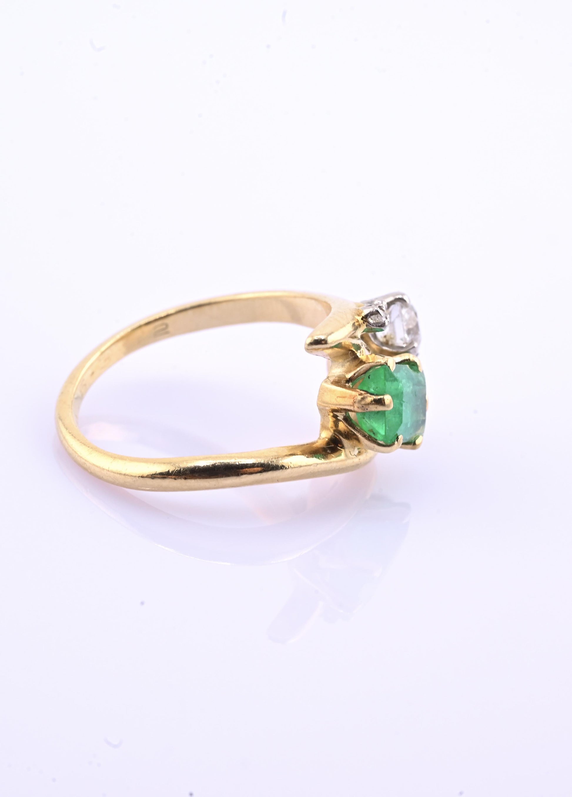 Art Deco 14K Yellow Gold Emerald & Old Euro Diamond Ring Size 6 IGI Certified