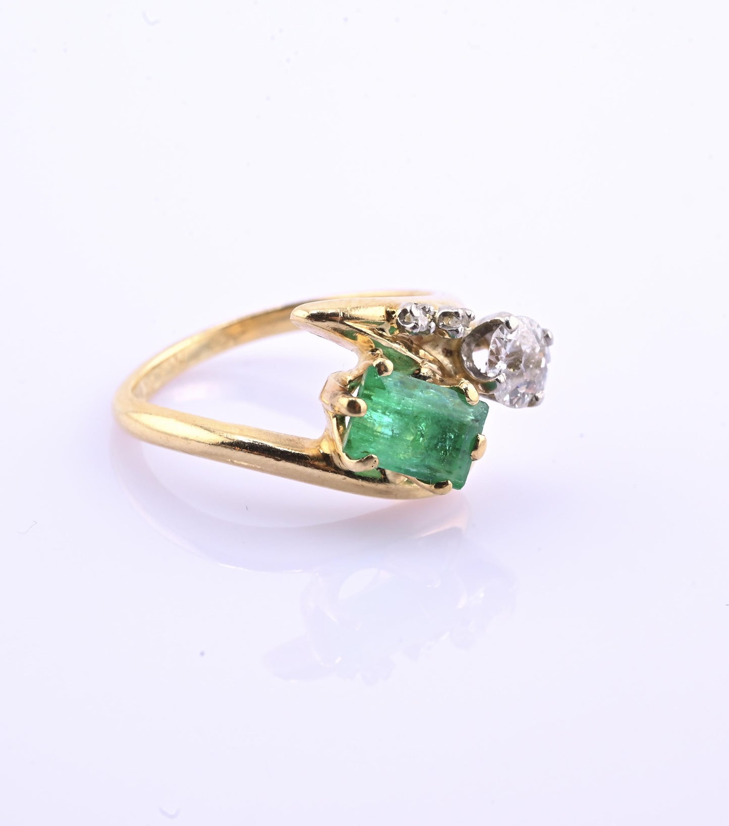Art Deco 14K Yellow Gold Emerald & Old Euro Diamond Ring Size 6 IGI Certified