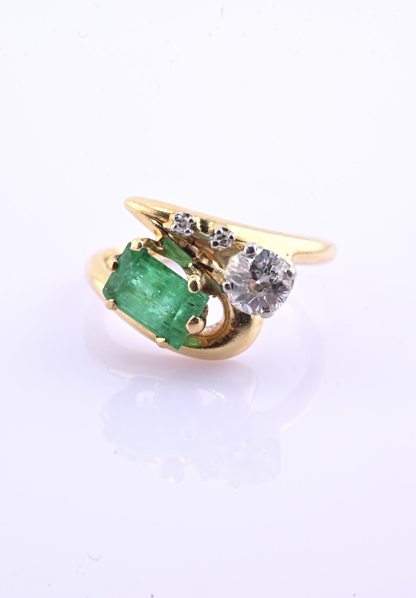 Art Deco 14K Yellow Gold Emerald & Old Euro Diamond Ring Size 6 IGI Certified