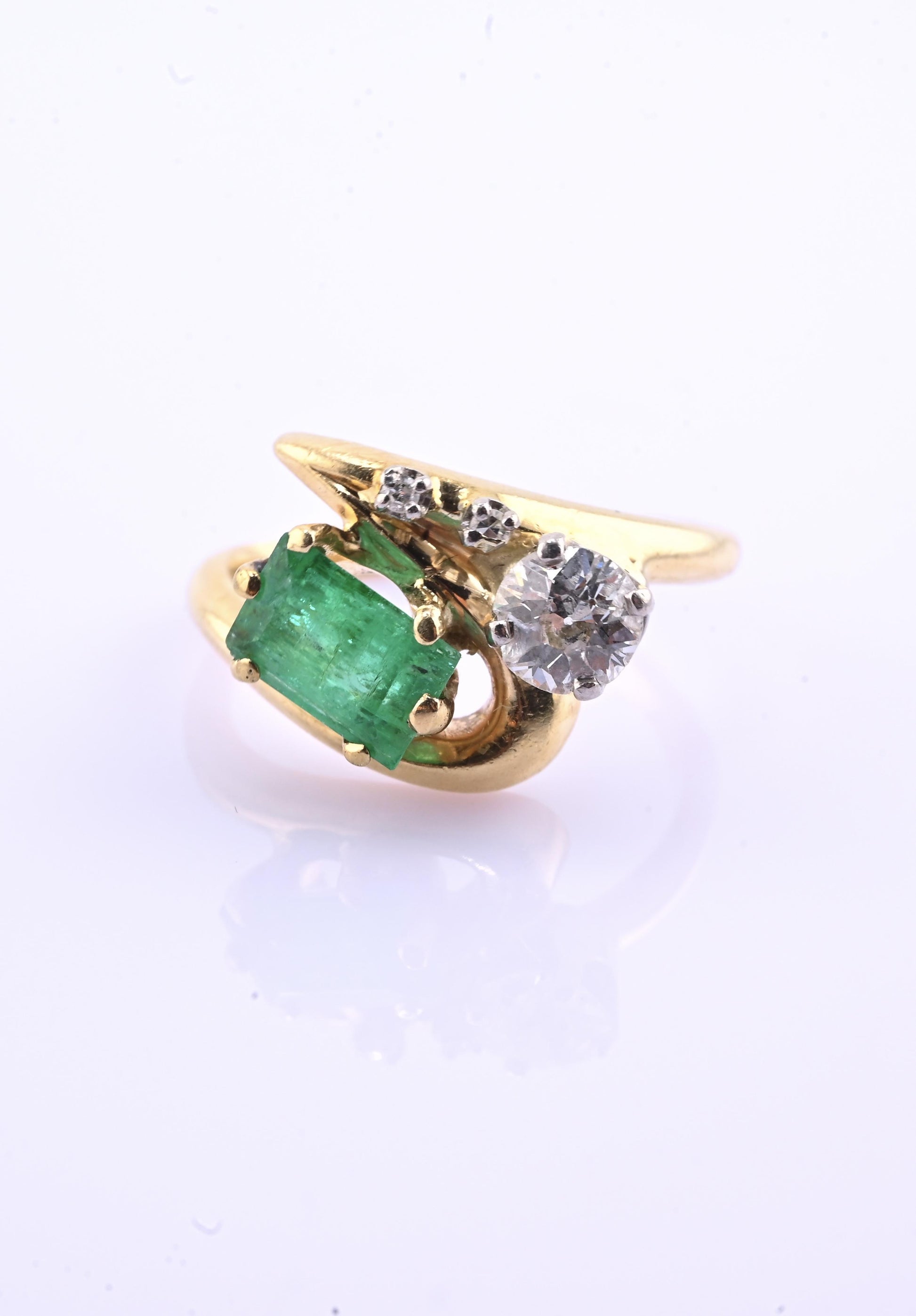 Art Deco 14K Yellow Gold Emerald & Old Euro Diamond Ring Size 6 IGI Certified
