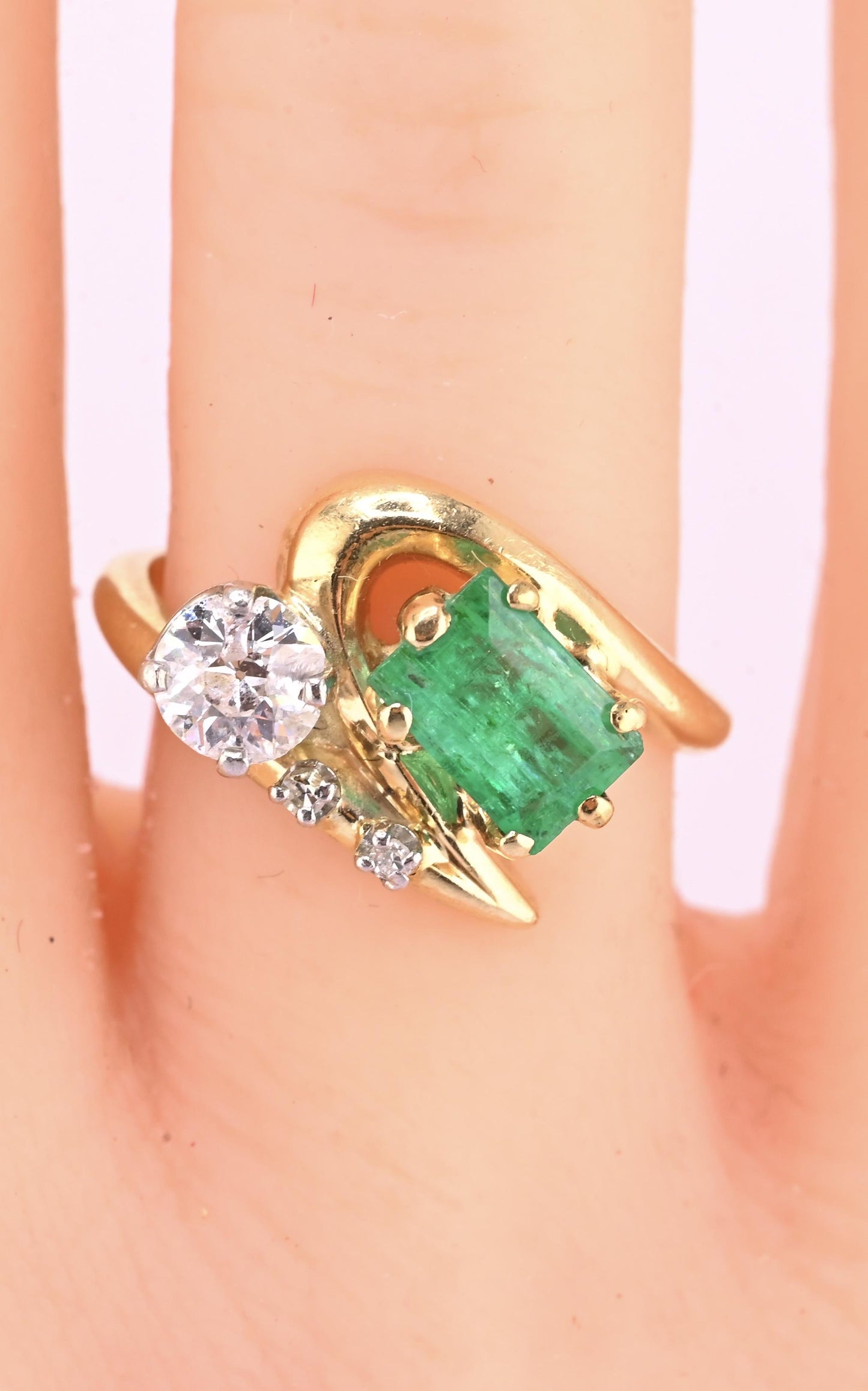 Art Deco 14K Yellow Gold Emerald & Old Euro Diamond Ring Size 6 IGI Certified