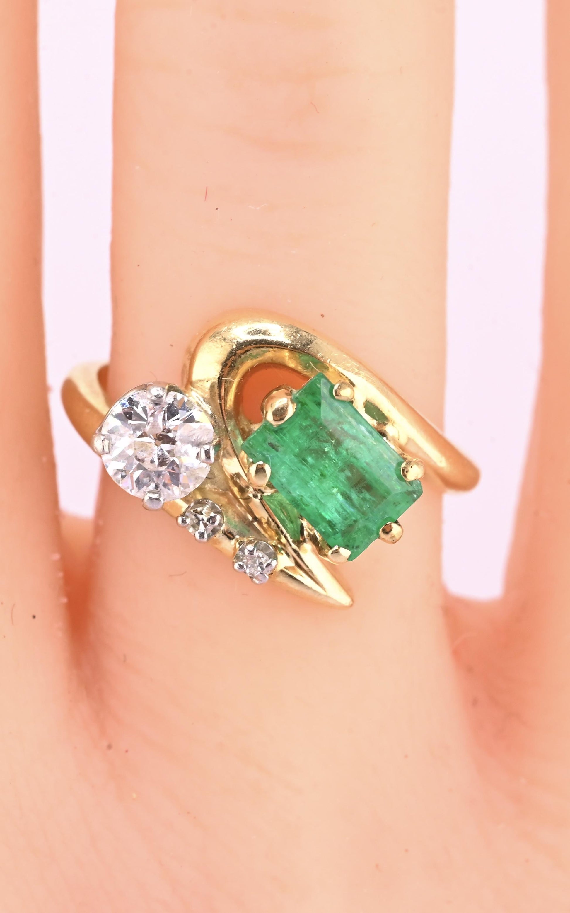 Art Deco 14K Yellow Gold Emerald & Old Euro Diamond Ring Size 6 IGI Certified