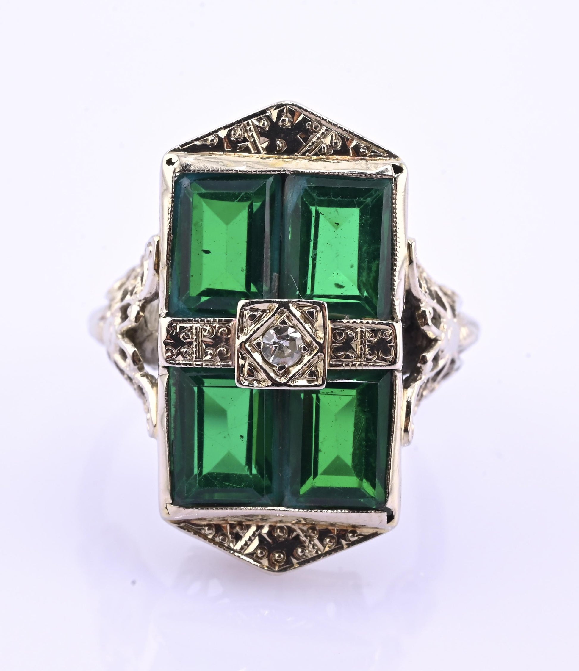 14K Art Deco White Gold Ring With Green Stones IGI Certified Ring 4.75 Ring Size