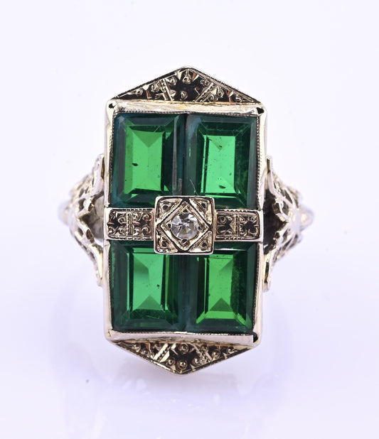 14K Art Deco White Gold Ring With Green Stones IGI Certified Ring 4.75 Ring Size