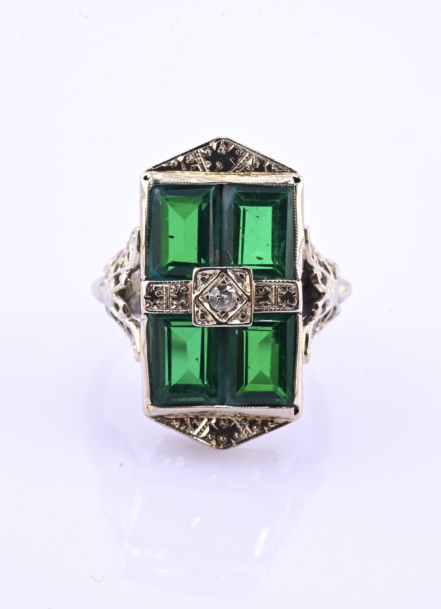 14K Art Deco White Gold Ring With Green Stones IGI Certified Ring 4.75 Ring Size
