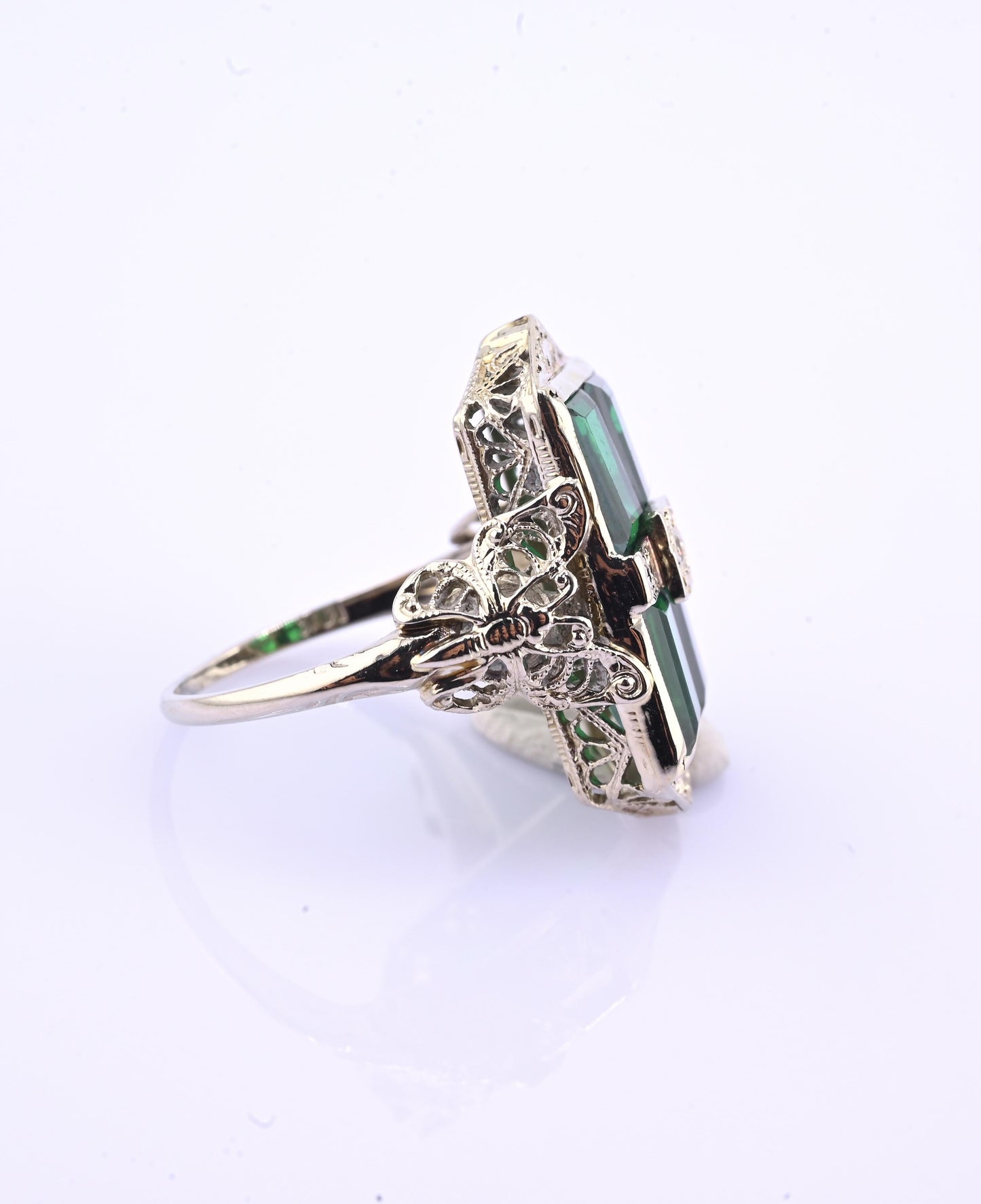 14K Art Deco White Gold Ring With Green Stones IGI Certified Ring 4.75 Ring Size
