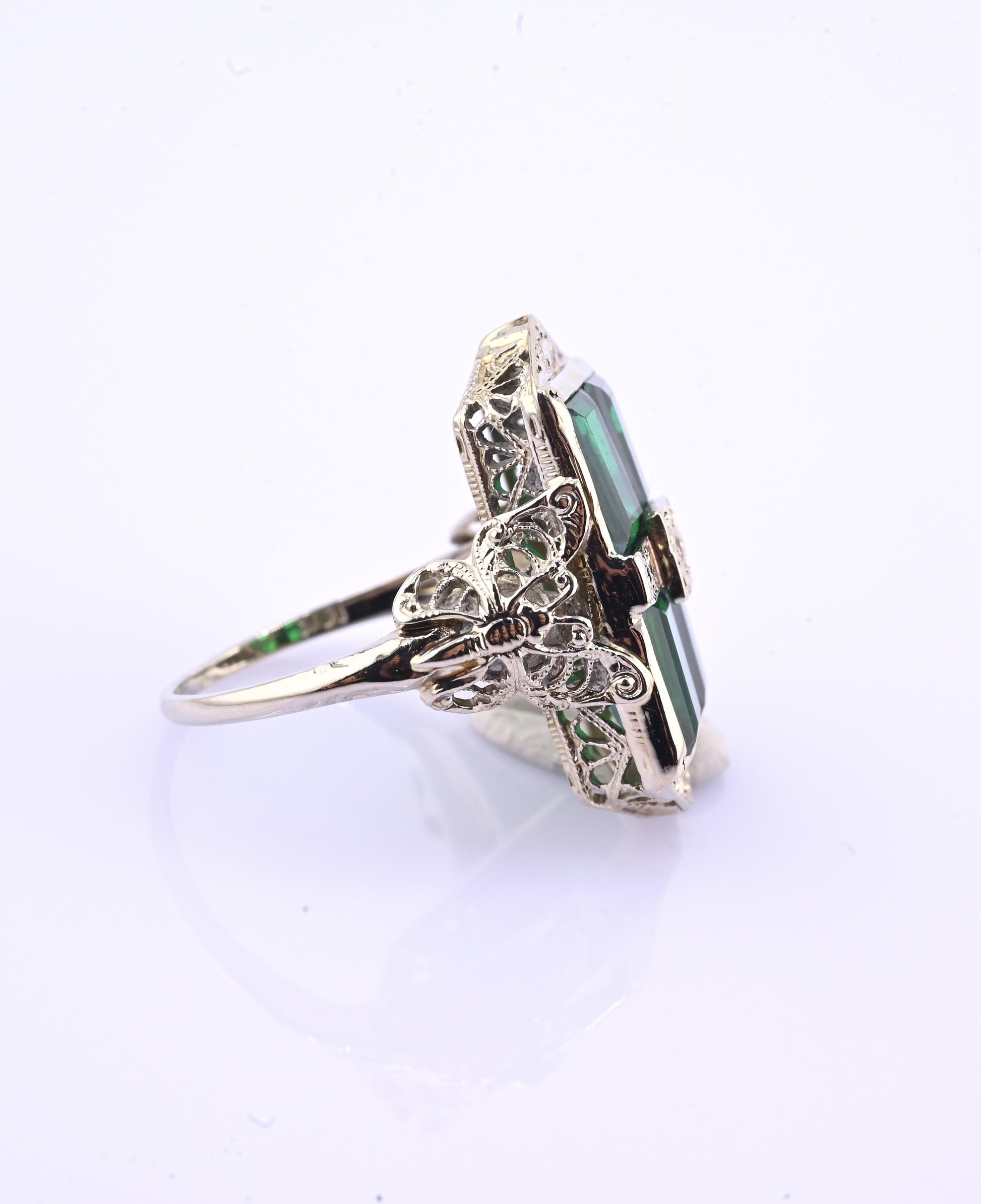 14K Art Deco White Gold Ring With Green Stones IGI Certified Ring 4.75 Ring Size