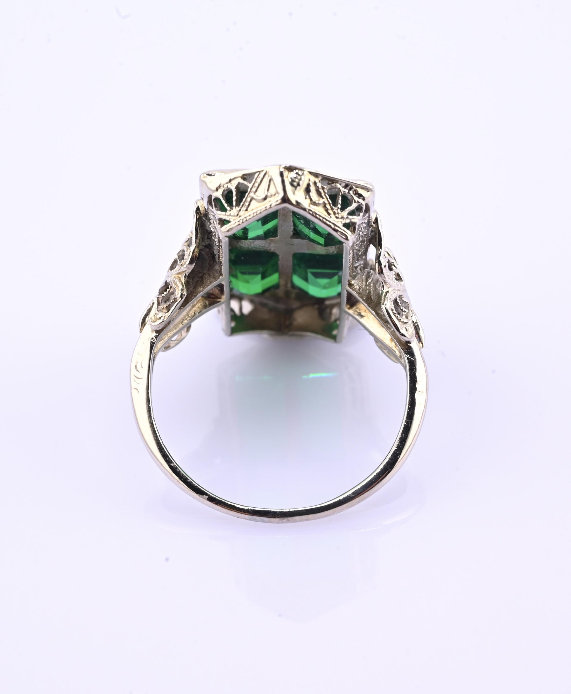 14K Art Deco White Gold Ring With Green Stones IGI Certified Ring 4.75 Ring Size