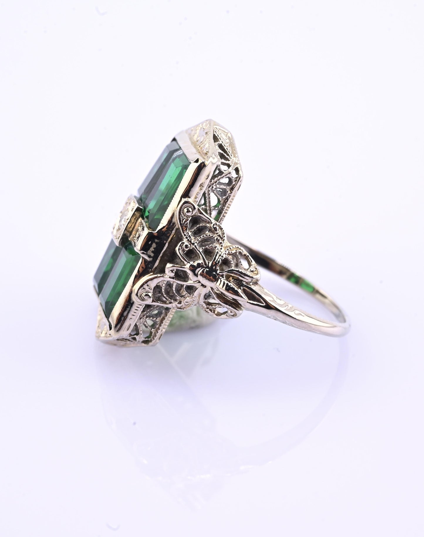 14K Art Deco White Gold Ring With Green Stones IGI Certified Ring 4.75 Ring Size