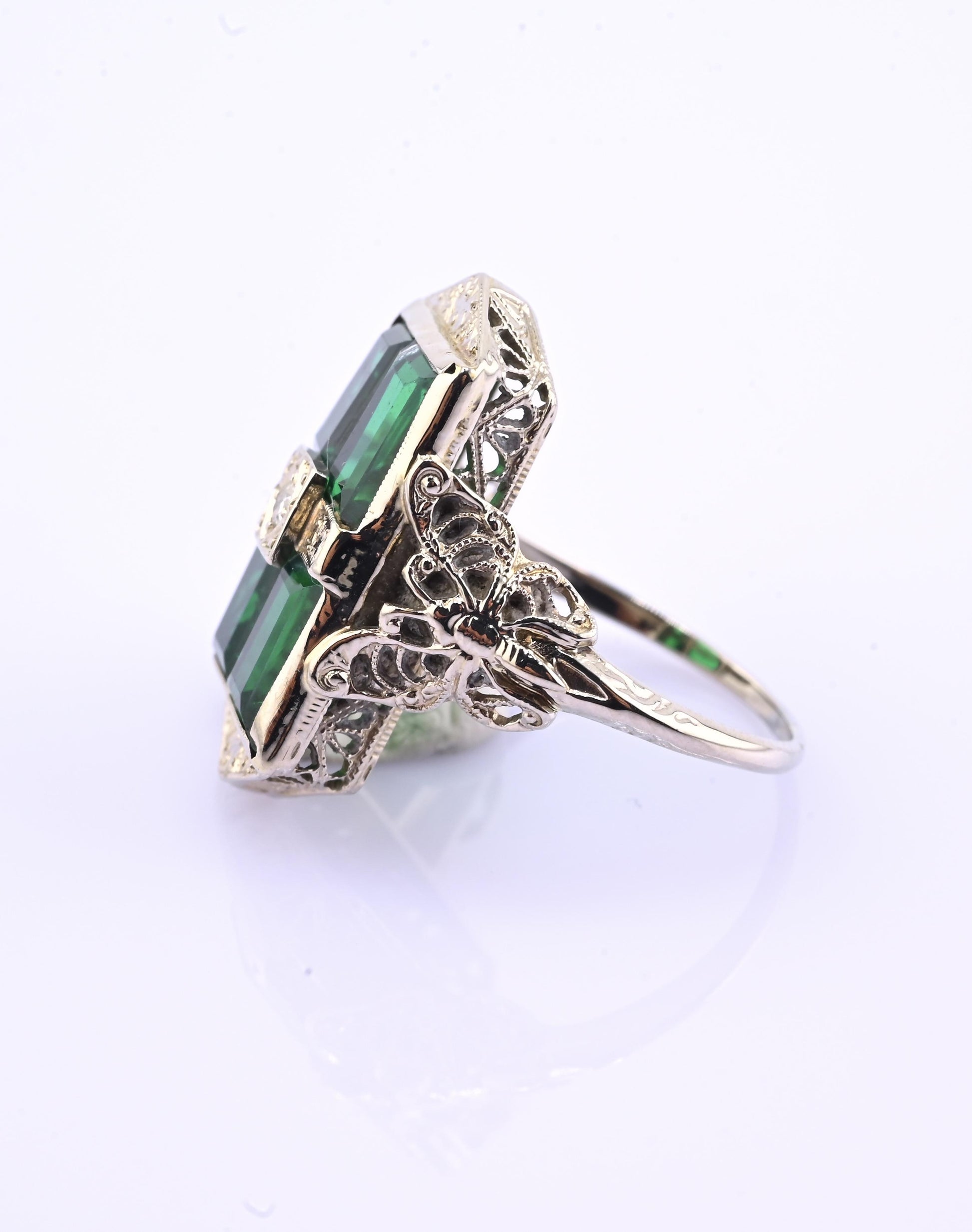 14K Art Deco White Gold Ring With Green Stones IGI Certified Ring 4.75 Ring Size