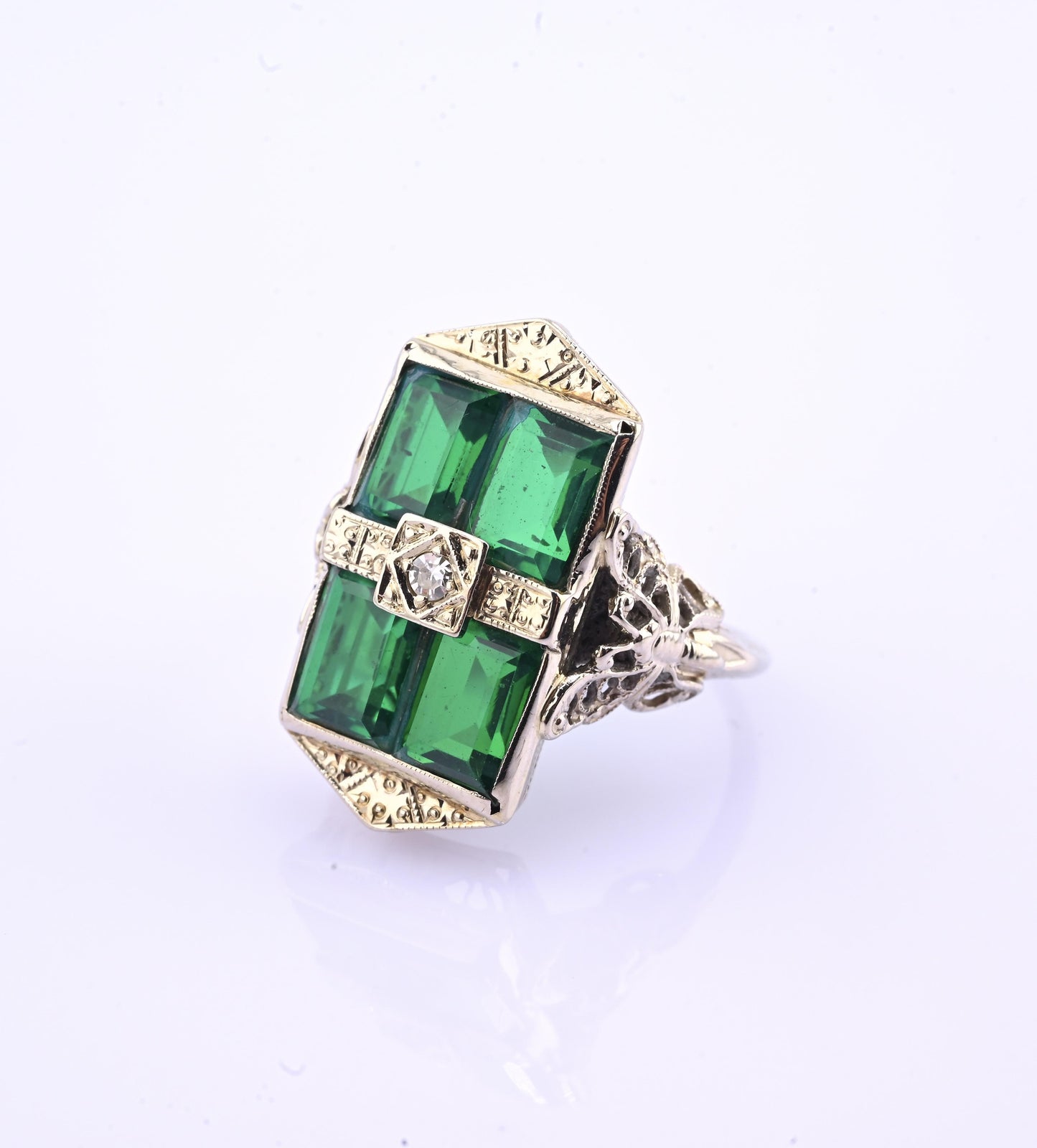 14K Art Deco White Gold Ring With Green Stones IGI Certified Ring 4.75 Ring Size