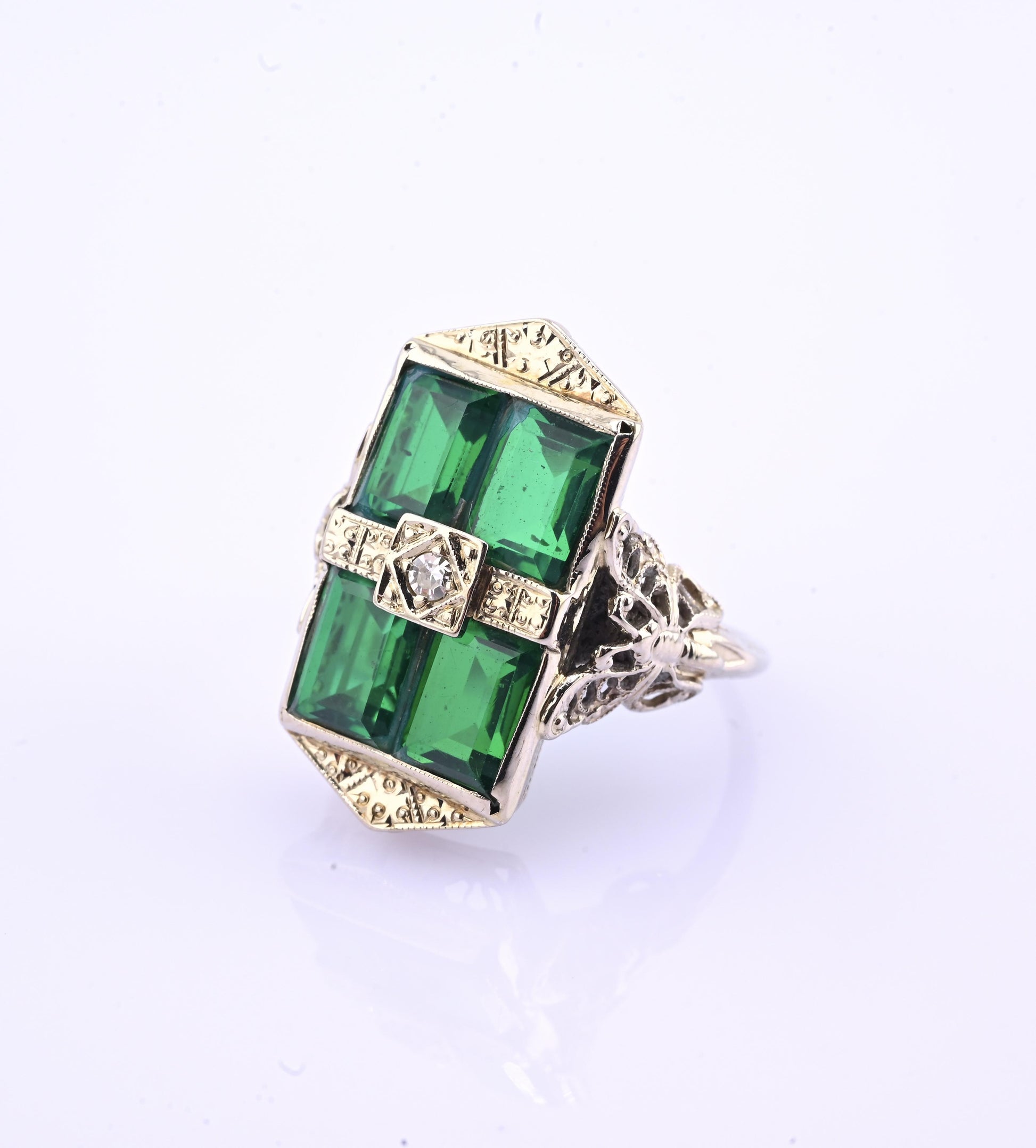 14K Art Deco White Gold Ring With Green Stones IGI Certified Ring 4.75 Ring Size