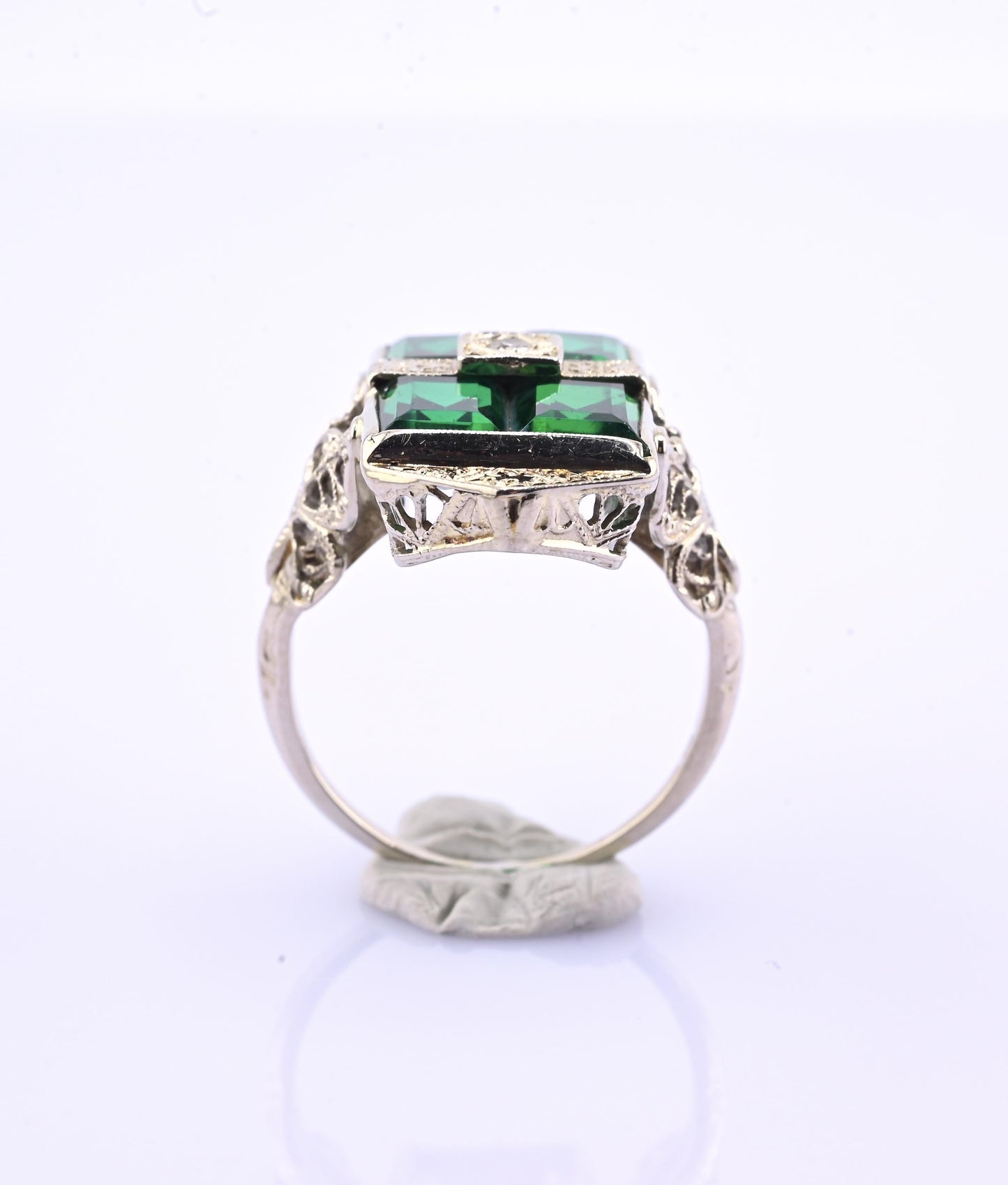 14K Art Deco White Gold Ring With Green Stones IGI Certified Ring 4.75 Ring Size
