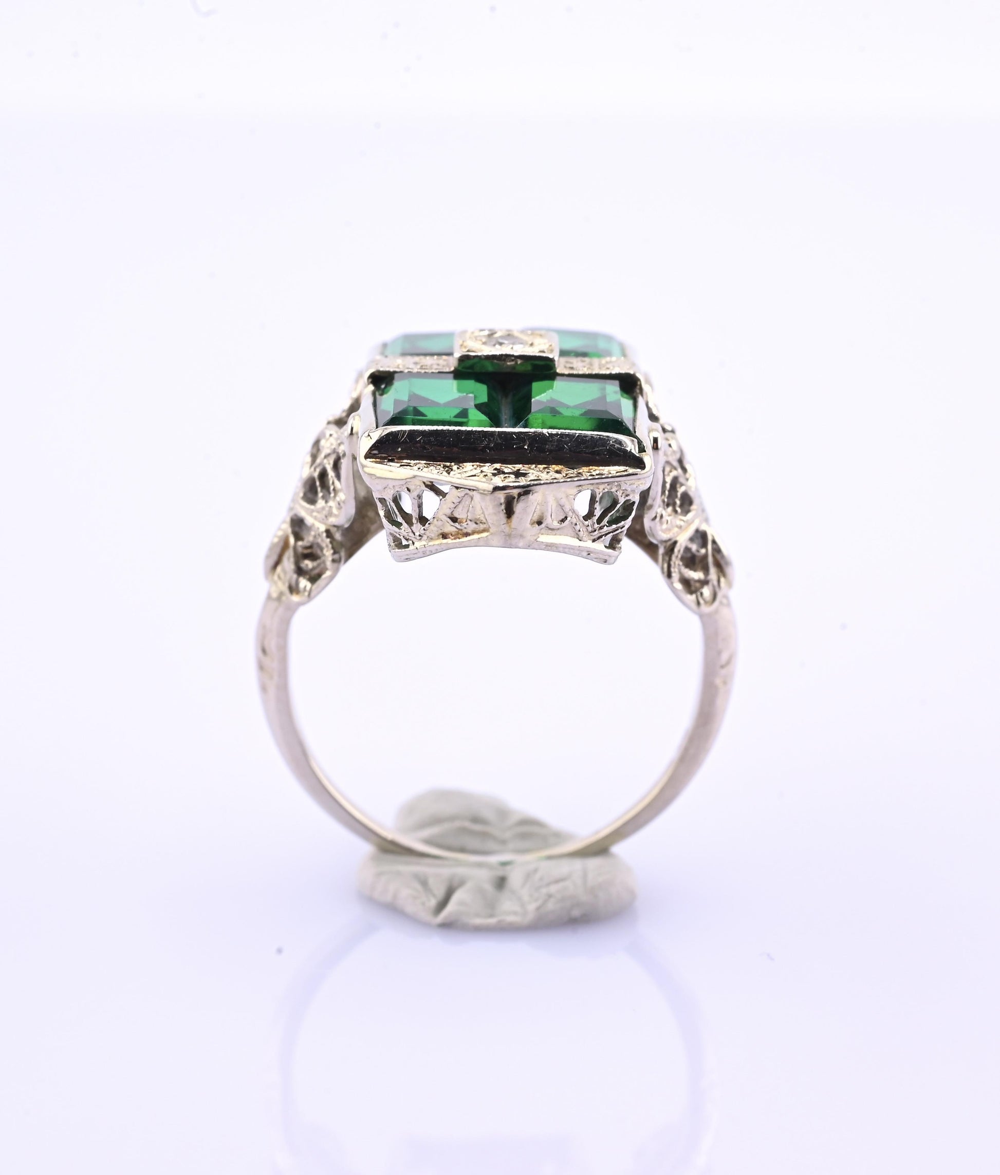 14K Art Deco White Gold Ring With Green Stones IGI Certified Ring 4.75 Ring Size