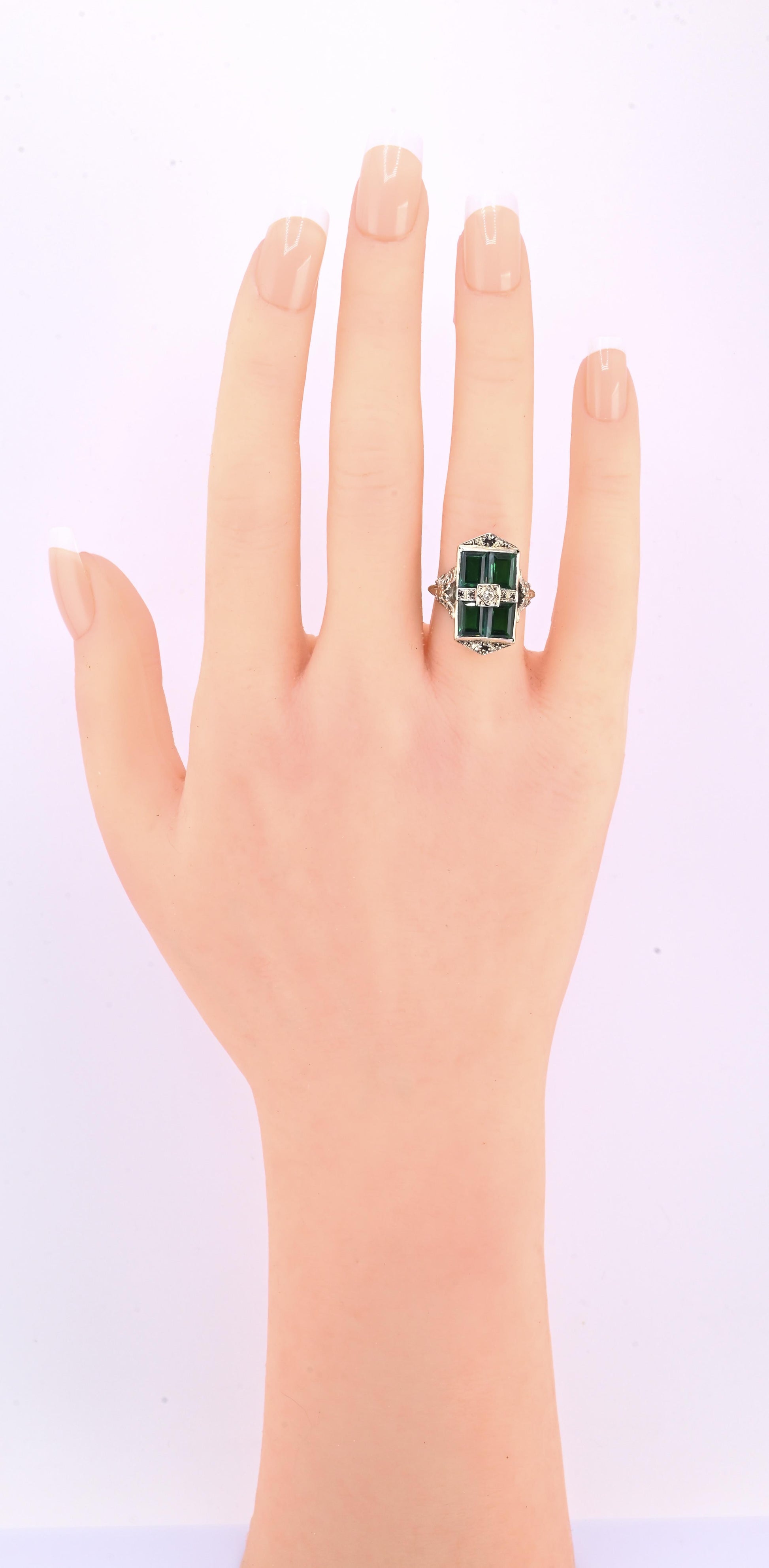 14K Art Deco White Gold Ring With Green Stones IGI Certified Ring 4.75 Ring Size