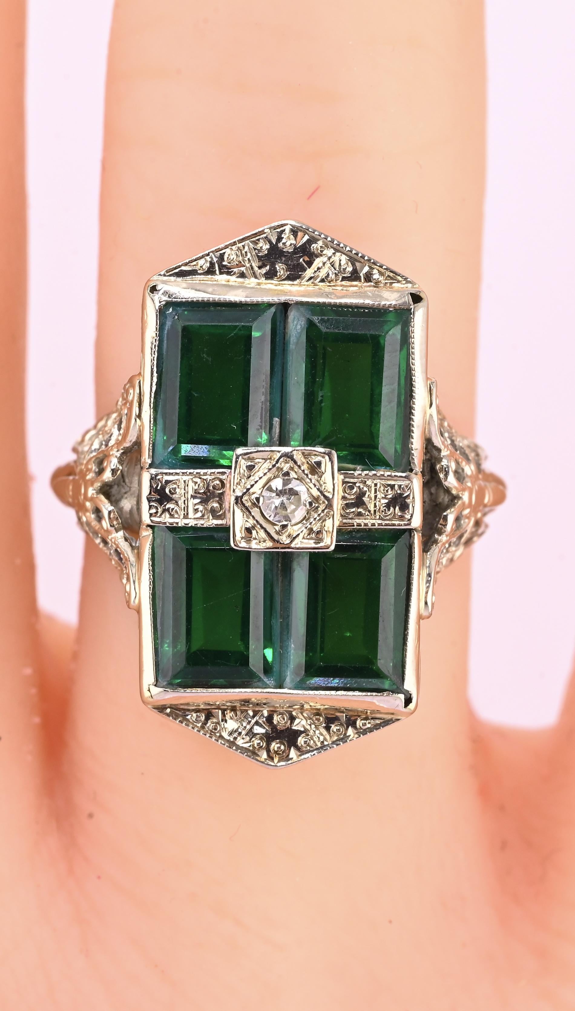 14K Art Deco White Gold Ring With Green Stones IGI Certified Ring 4.75 Ring Size