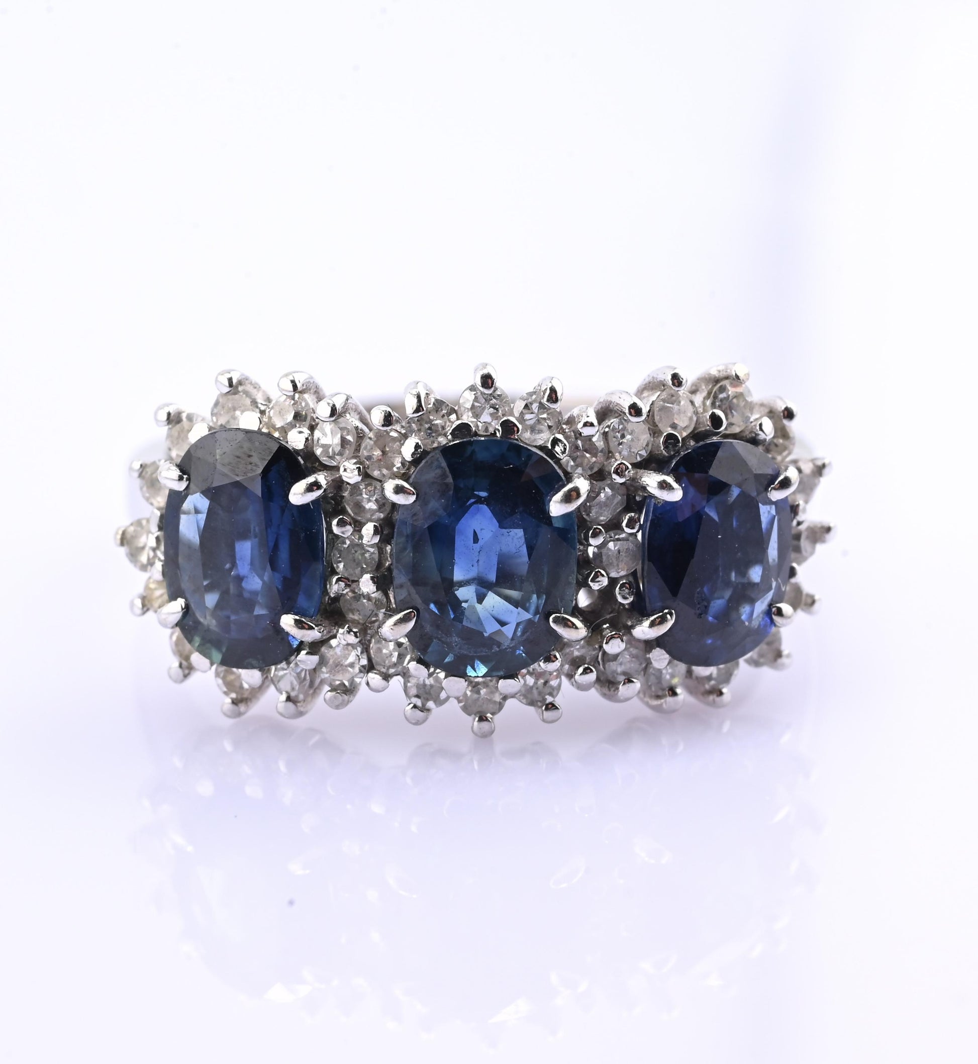 14K White Gold Ring 2.10ct Natural Blue Sapphires & 0.44ct Diamond Accent