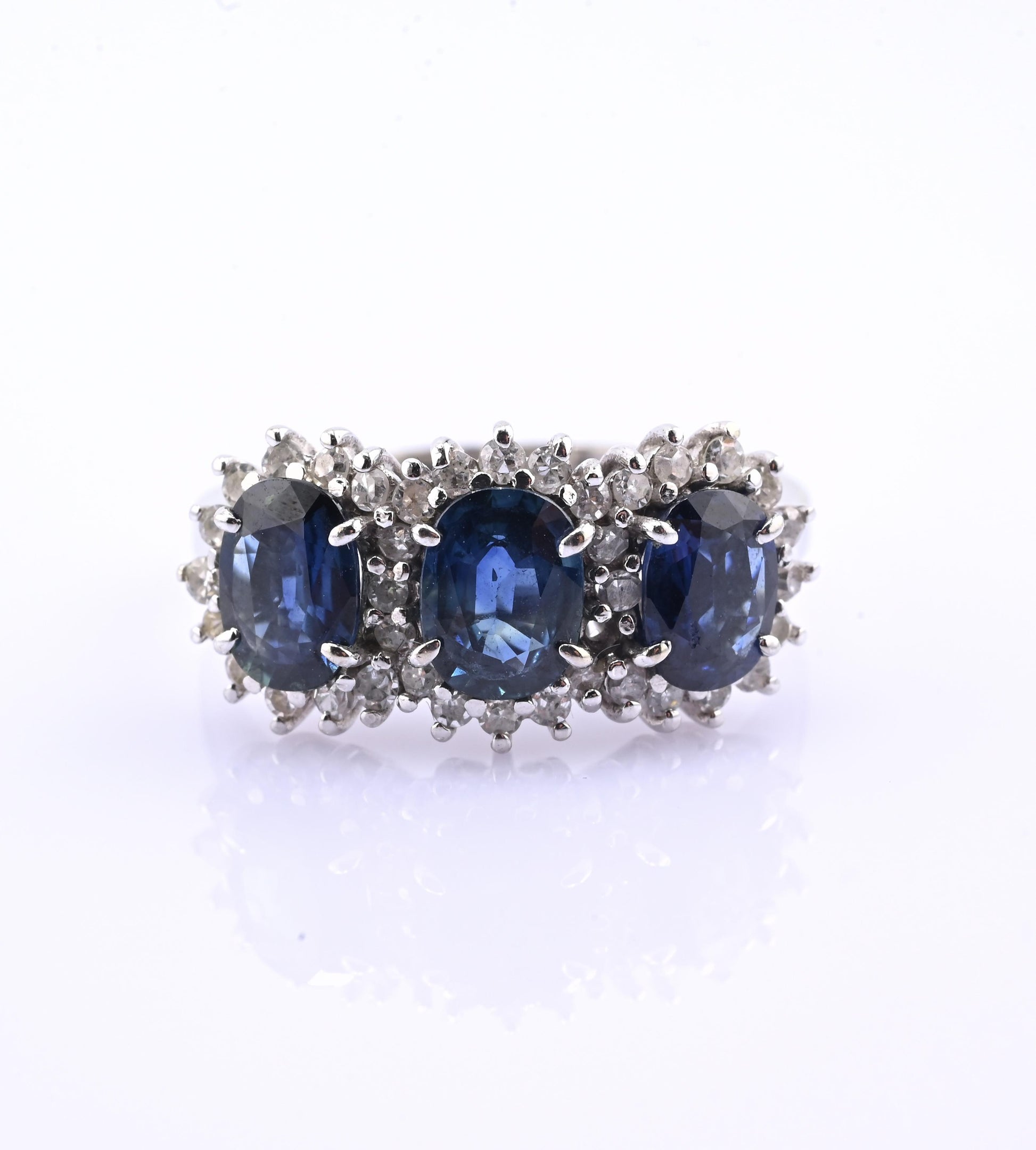 14K White Gold Ring 2.10ct Natural Blue Sapphires & 0.44ct Diamond Accent