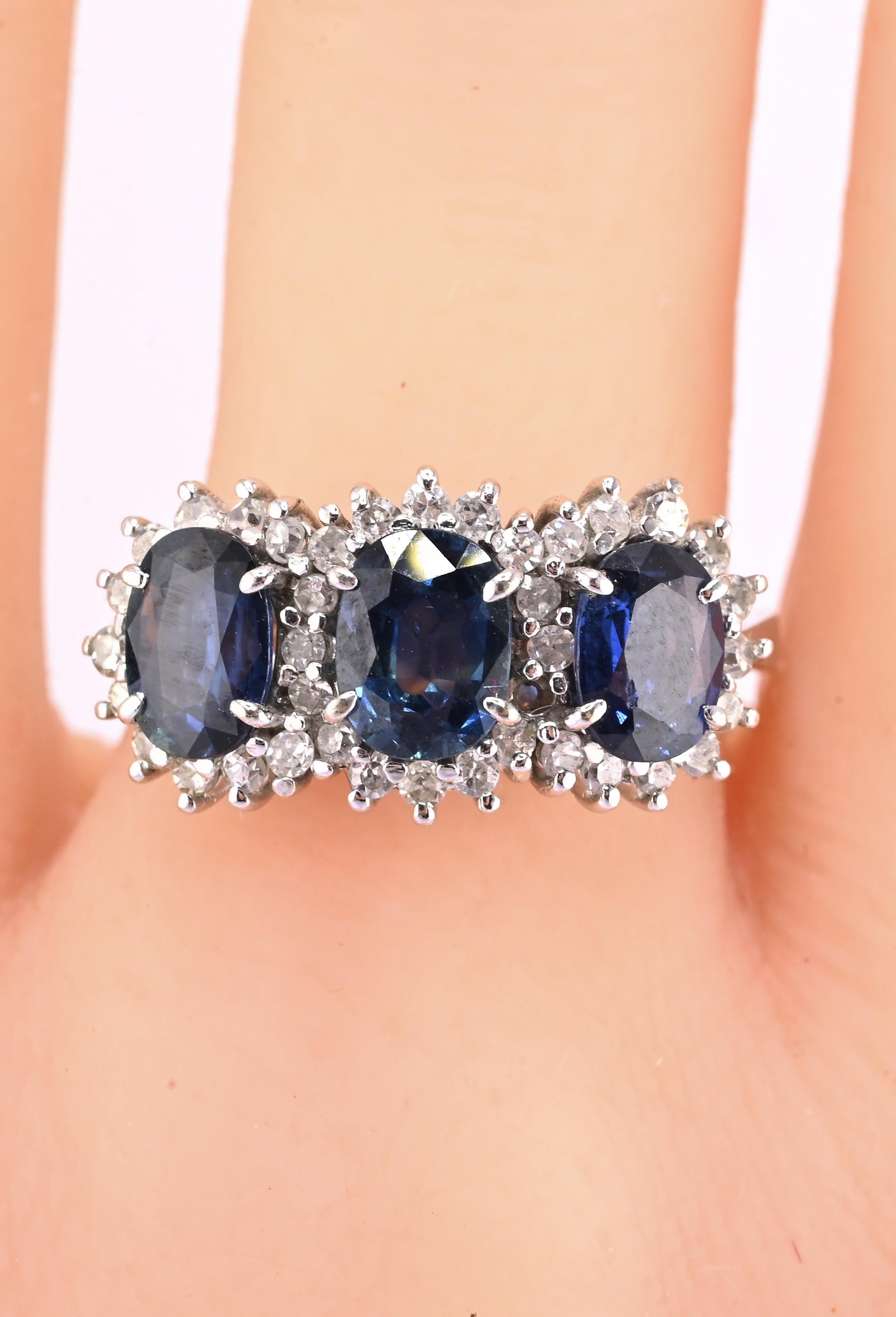 14K White Gold Ring 2.10ct Natural Blue Sapphires & 0.44ct Diamond Accent