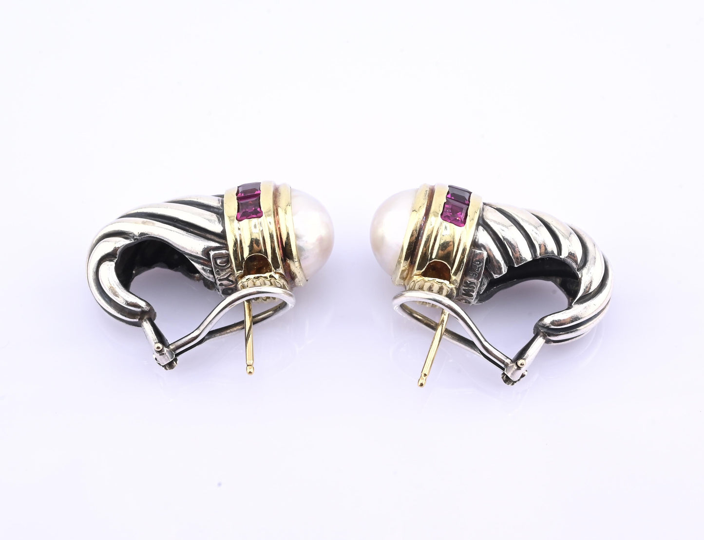 David Yurman Pearl & Rhodolite 14k Gold Sterling Silver Cable Hoop Earrings