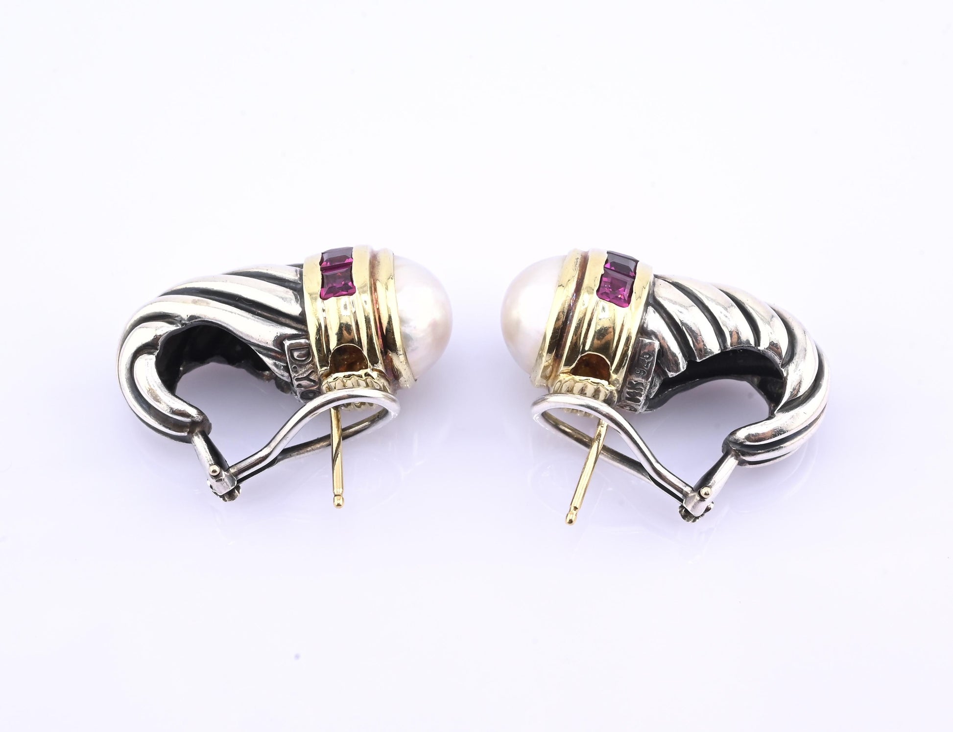 David Yurman Pearl & Rhodolite 14k Gold Sterling Silver Cable Hoop Earrings