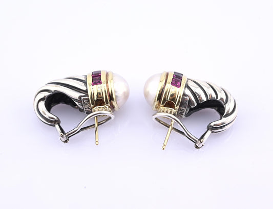 David Yurman Pearl & Rhodolite 14k Gold Sterling Silver Cable Hoop Earrings