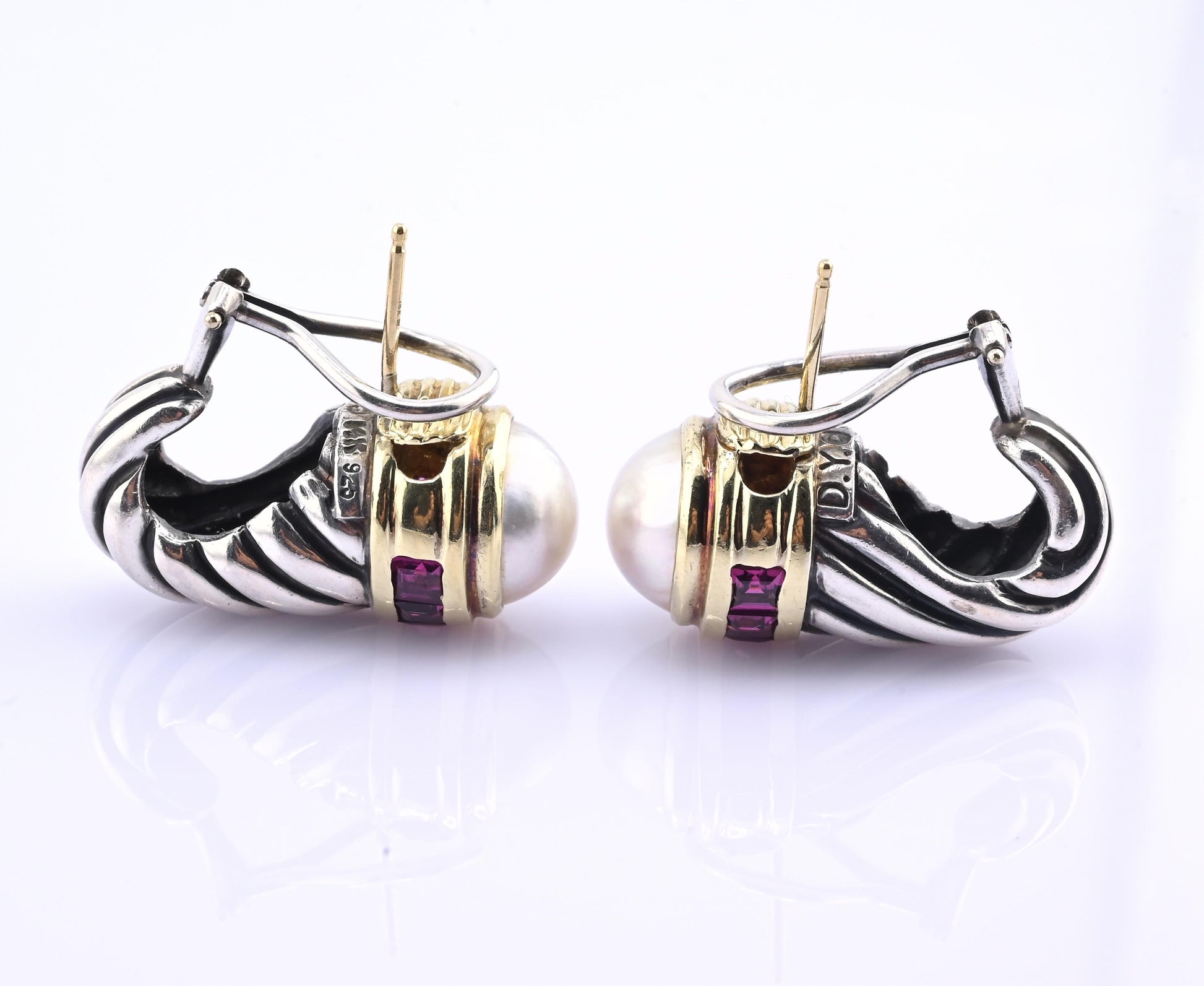 David Yurman Pearl & Rhodolite 14k Gold Sterling Silver Cable Hoop Earrings