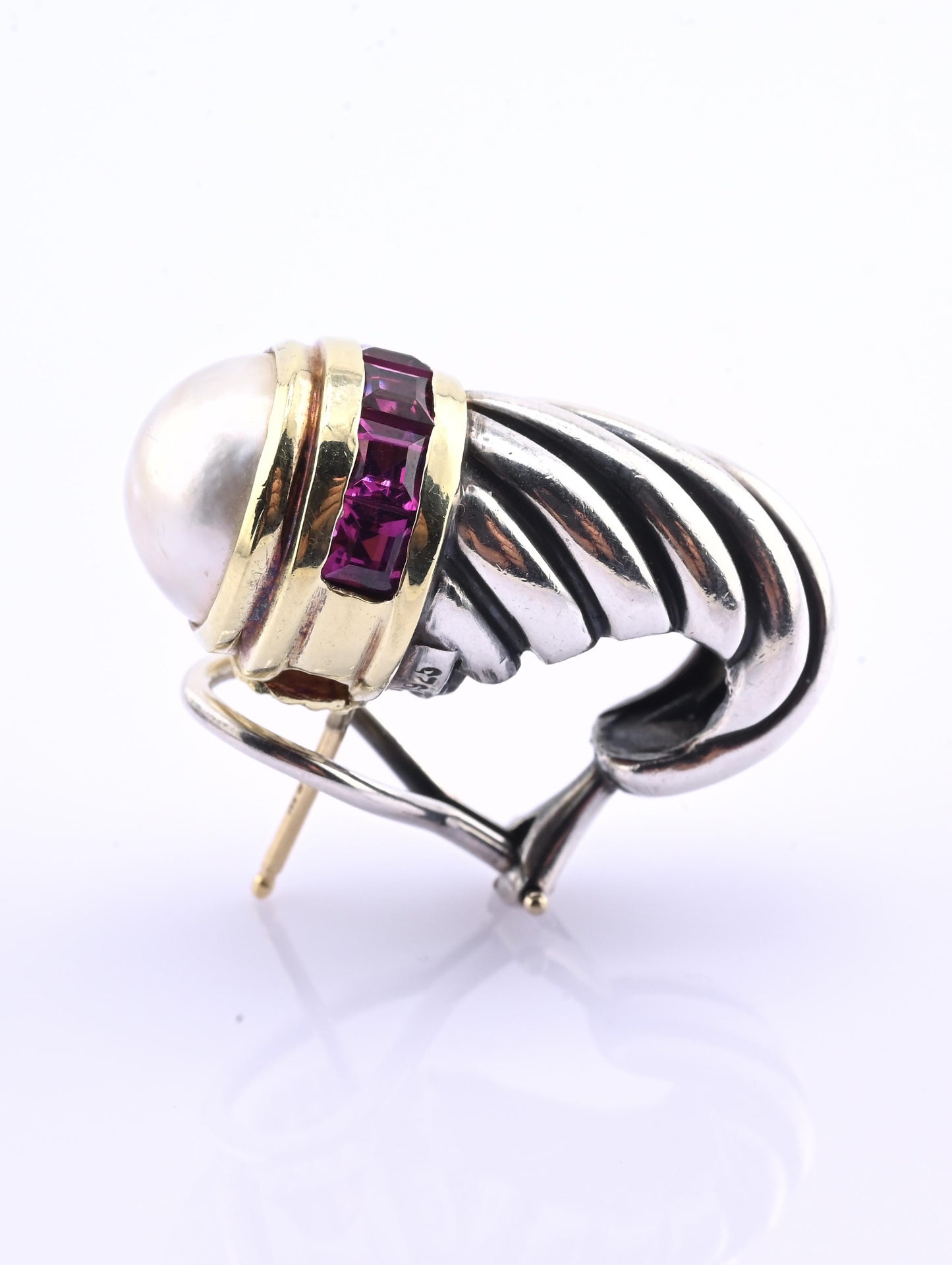 David Yurman Pearl & Rhodolite 14k Gold Sterling Silver Cable Hoop Earrings